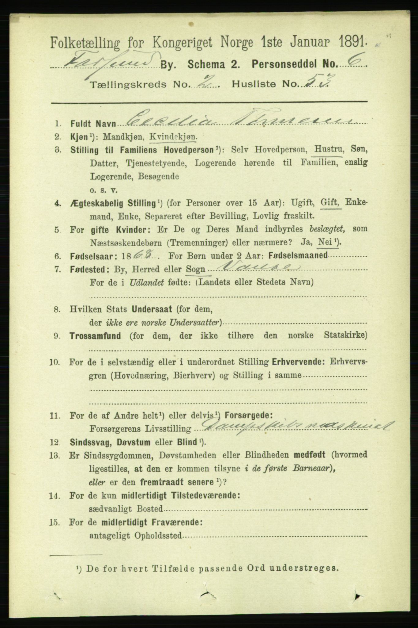 RA, 1891 census for 1003 Farsund, 1891, p. 1298