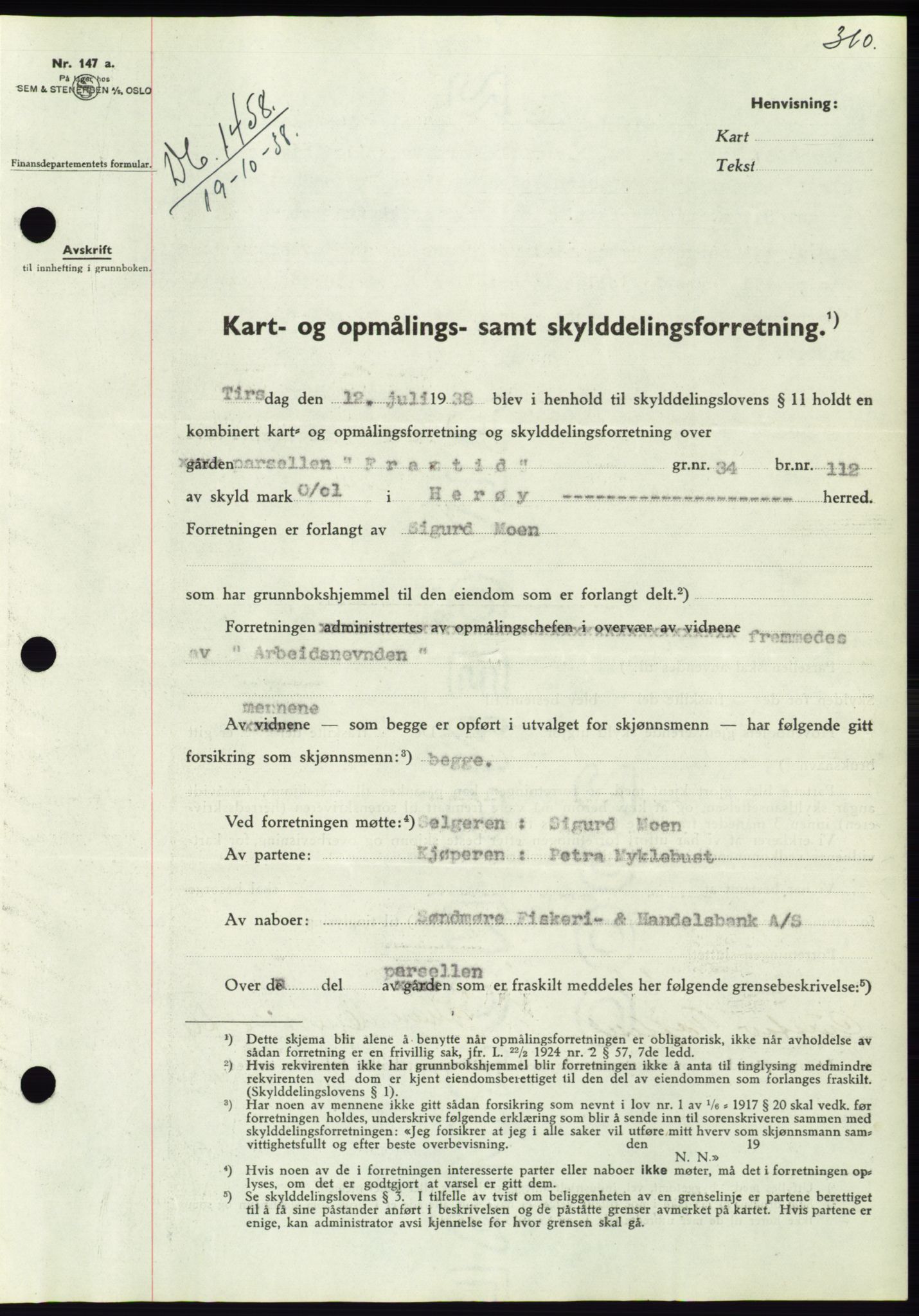 Søre Sunnmøre sorenskriveri, AV/SAT-A-4122/1/2/2C/L0066: Mortgage book no. 60, 1938-1938, Diary no: : 1458/1938