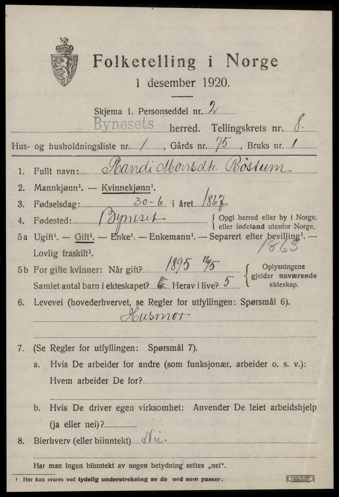 SAT, 1920 census for Byneset, 1920, p. 3844