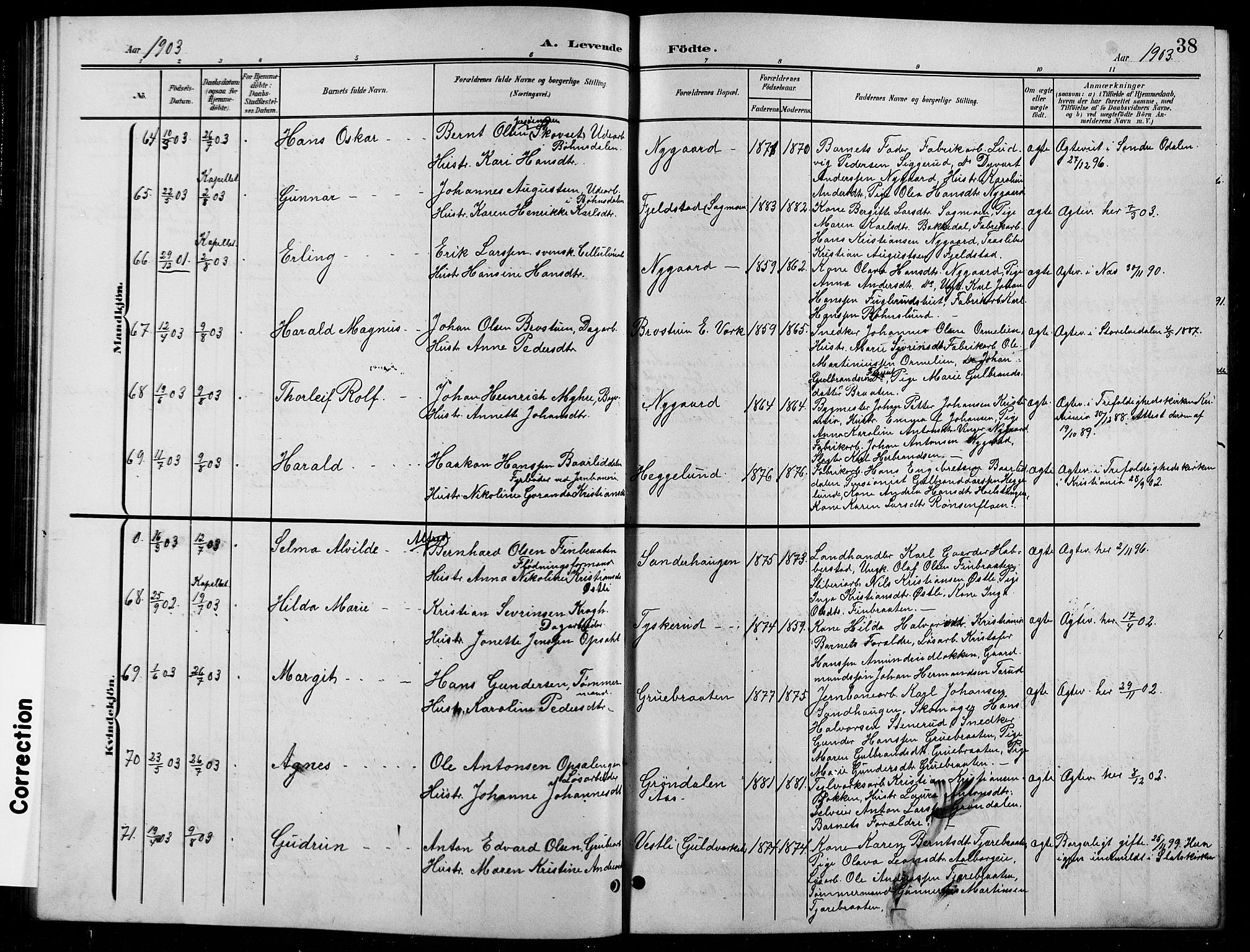 Eidsvoll prestekontor Kirkebøker, AV/SAO-A-10888/G/Ga/L0007: Parish register (copy) no. I 7, 1901-1909, p. 38