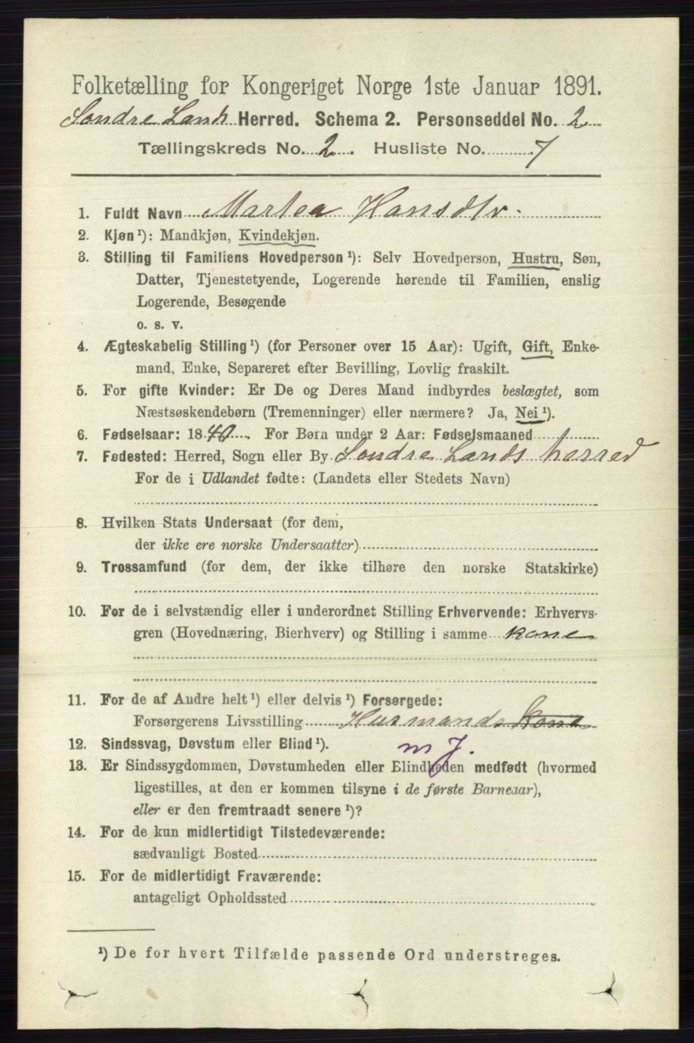 RA, 1891 census for 0536 Søndre Land, 1891, p. 1074