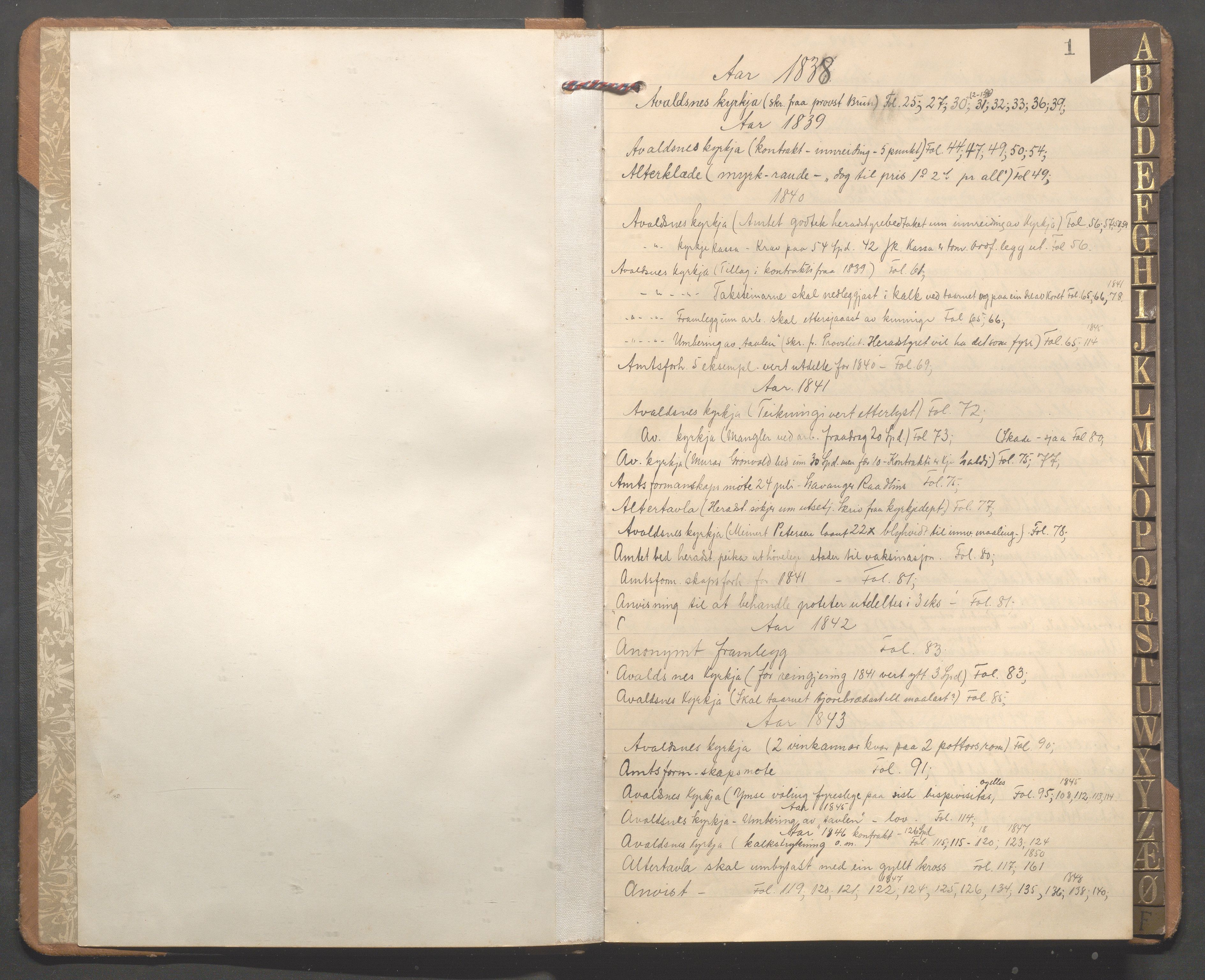 Avaldsnes kommune - Formannskapet, IKAR/K-101651/C/Cb/L0001: Register til møtebok, 1838-1901, p. 1