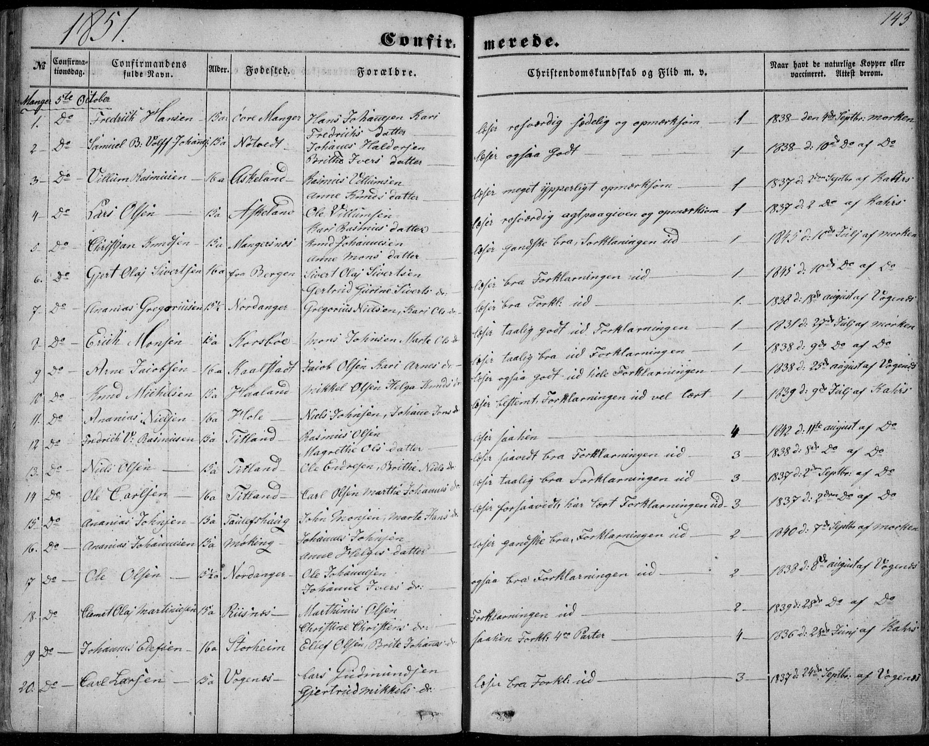 Manger sokneprestembete, SAB/A-76801/H/Haa: Parish register (official) no. A 6, 1849-1859, p. 143
