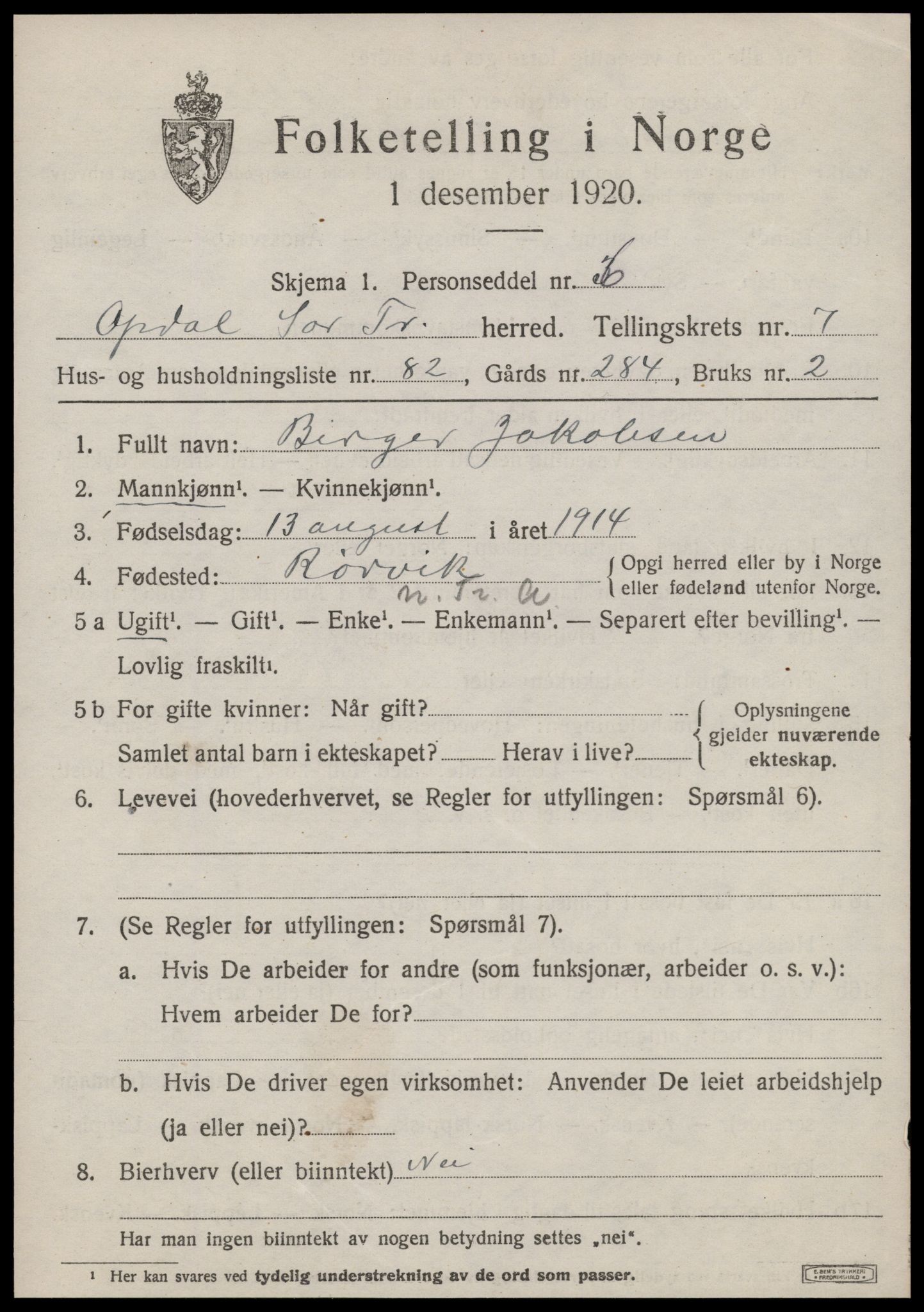 SAT, 1920 census for Oppdal, 1920, p. 6669