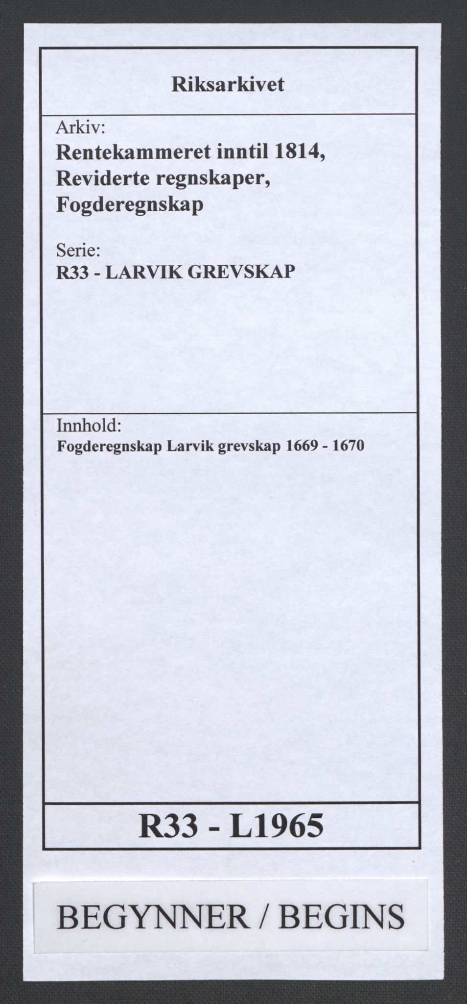 Rentekammeret inntil 1814, Reviderte regnskaper, Fogderegnskap, RA/EA-4092/R33/L1965: Fogderegnskap Larvik grevskap, 1669-1670, p. 1