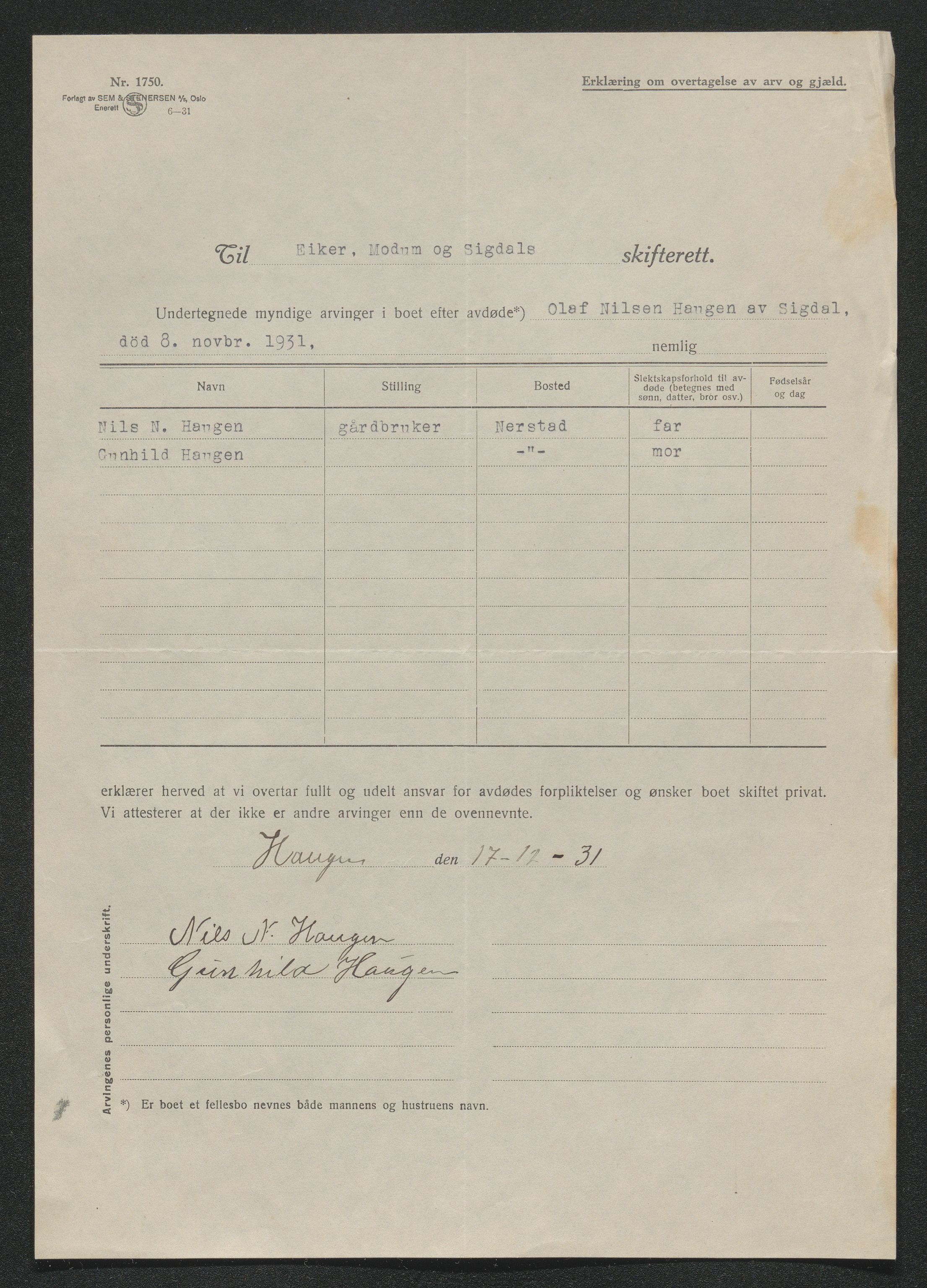 Eiker, Modum og Sigdal sorenskriveri, AV/SAKO-A-123/H/Ha/Hab/L0046: Dødsfallsmeldinger, 1930-1931, p. 1199