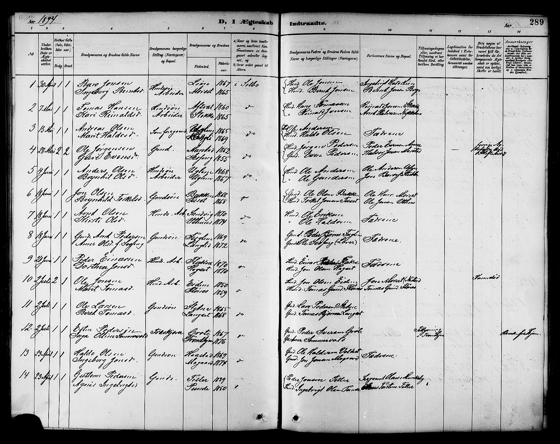 Ministerialprotokoller, klokkerbøker og fødselsregistre - Sør-Trøndelag, AV/SAT-A-1456/695/L1157: Parish register (copy) no. 695C08, 1889-1913, p. 289