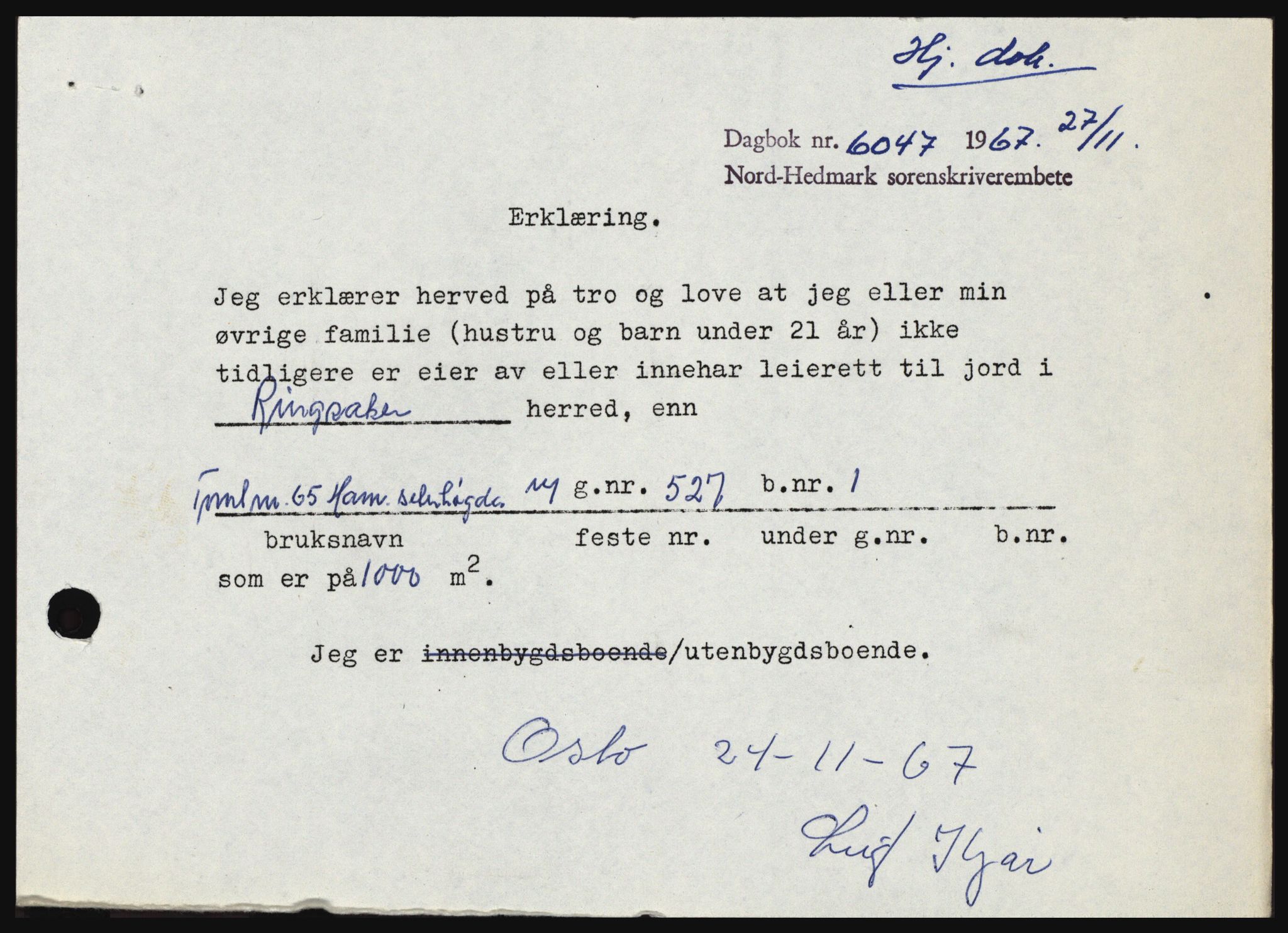 Nord-Hedmark sorenskriveri, SAH/TING-012/H/Hc/L0027: Mortgage book no. 27, 1967-1968, Diary no: : 6047/1967