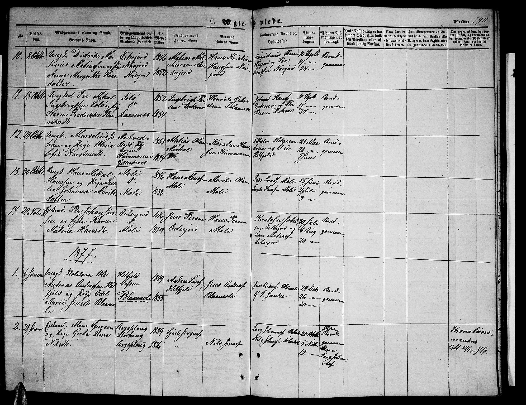 Ministerialprotokoller, klokkerbøker og fødselsregistre - Nordland, SAT/A-1459/846/L0653: Parish register (copy) no. 846C03, 1872-1887, p. 190