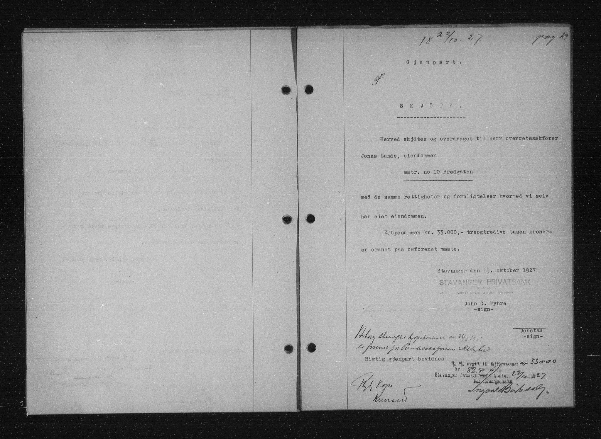 Stavanger byfogd, SAST/A-101408/001/4/41/410/410BB/L0053: Mortgage book no. 41, 1927-1928, Deed date: 22.10.1927