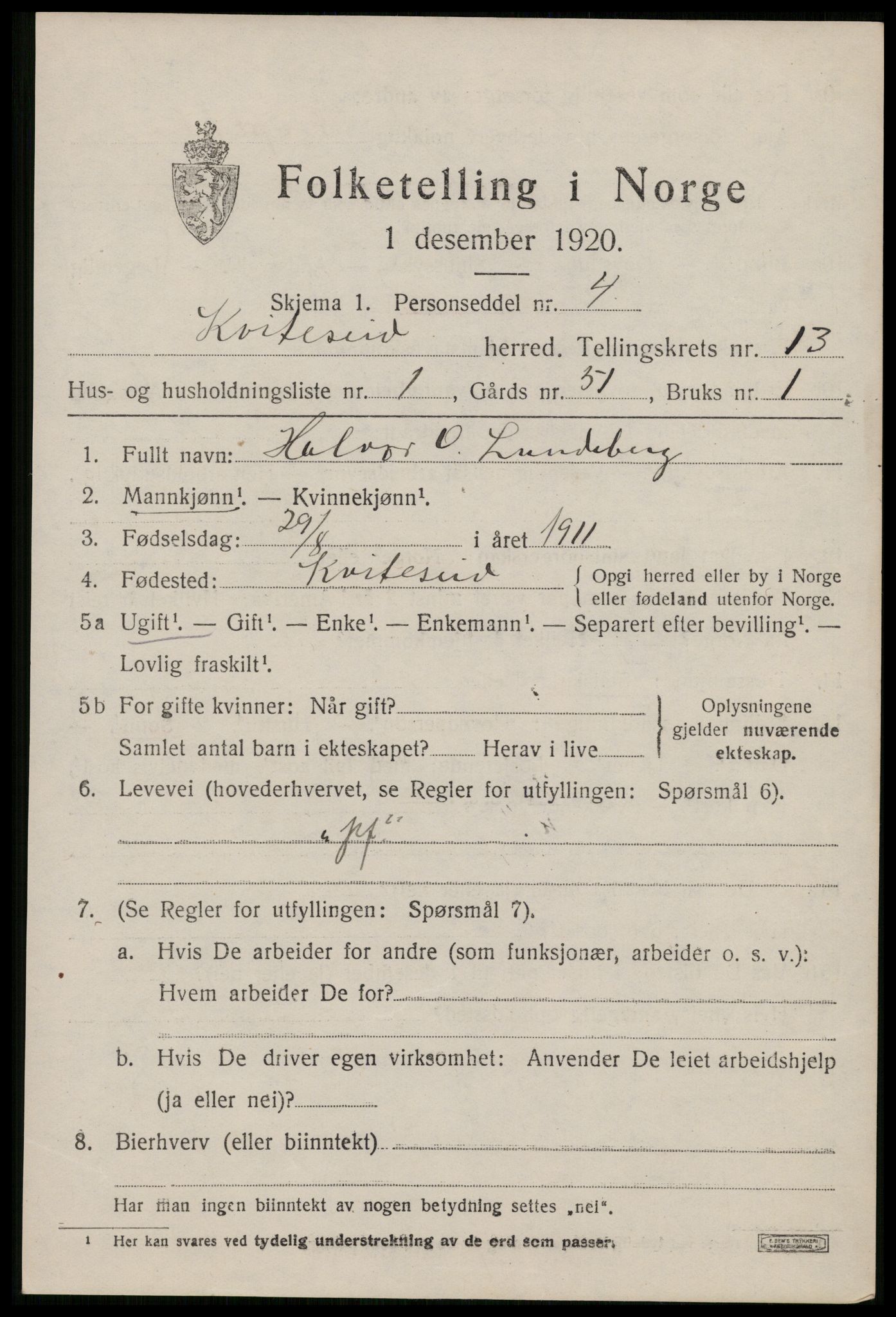 SAKO, 1920 census for Kviteseid, 1920, p. 6209