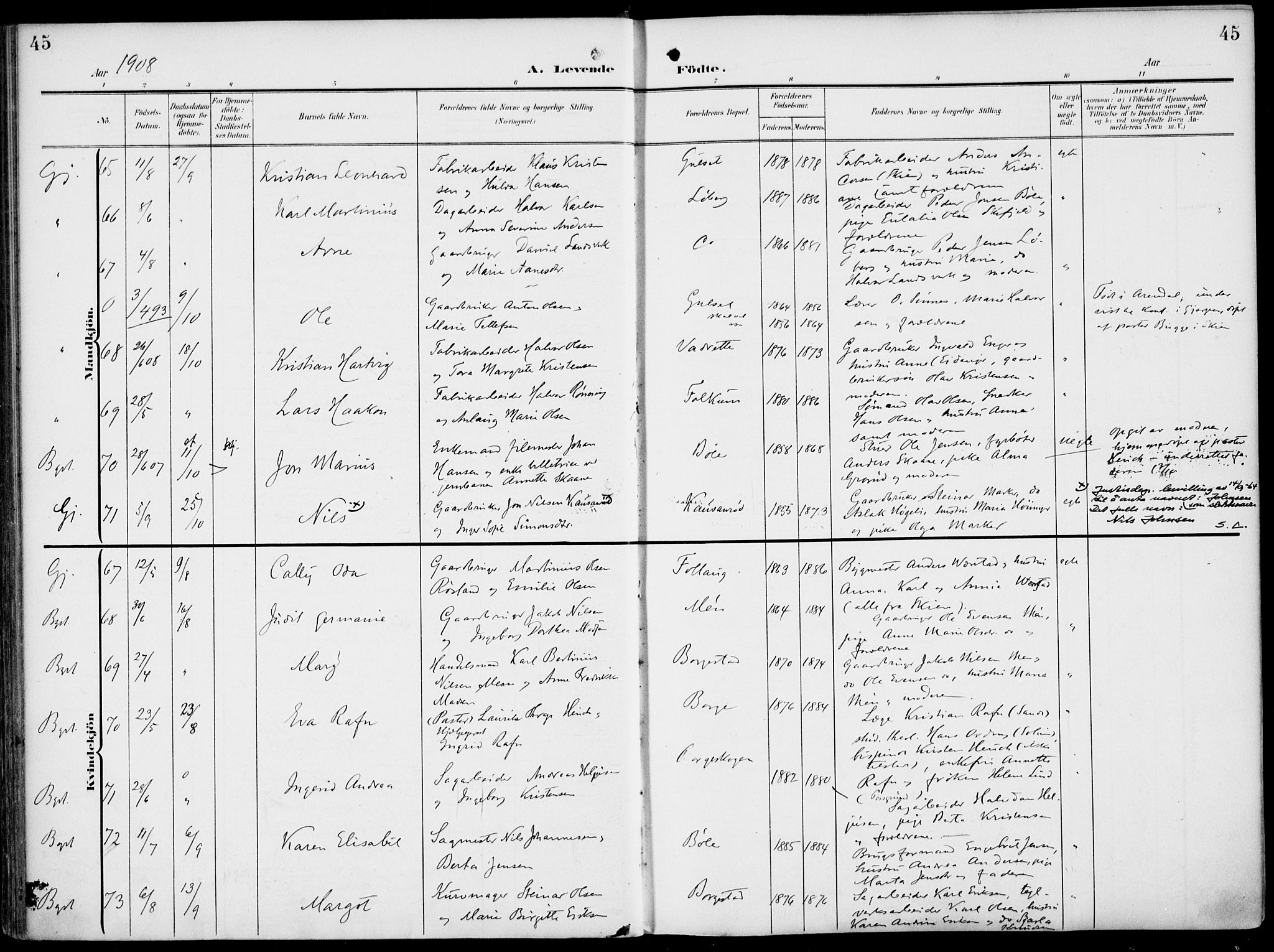 Gjerpen kirkebøker, SAKO/A-265/F/Fa/L0012: Parish register (official) no. I 12, 1905-1913, p. 45