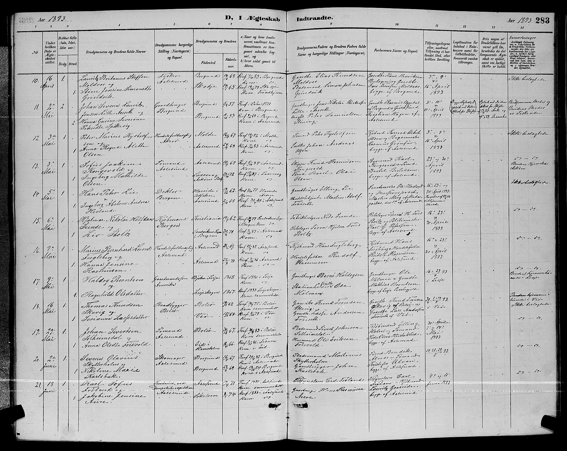 Ministerialprotokoller, klokkerbøker og fødselsregistre - Møre og Romsdal, AV/SAT-A-1454/529/L0467: Parish register (copy) no. 529C04, 1889-1897, p. 283