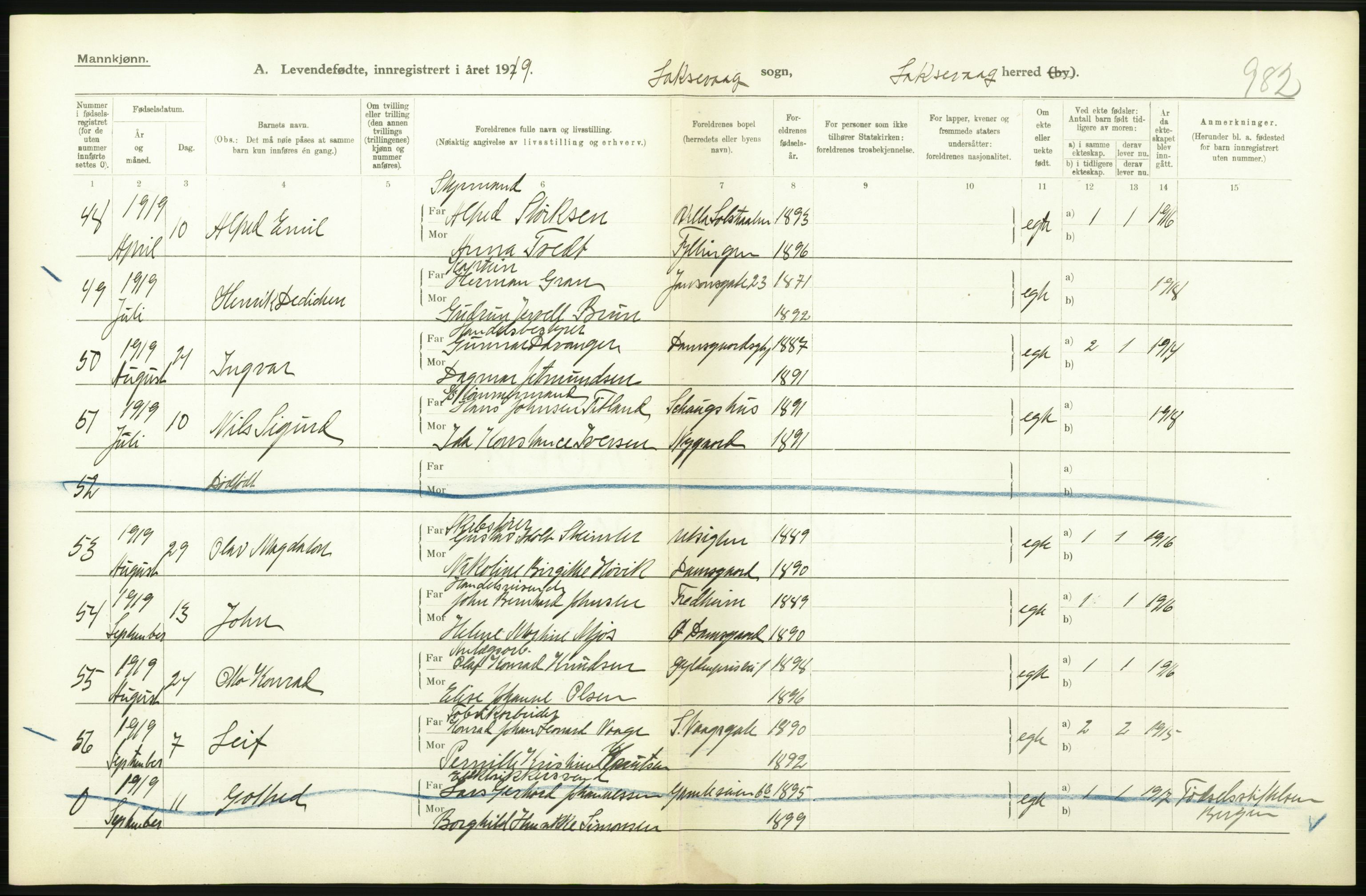 Statistisk sentralbyrå, Sosiodemografiske emner, Befolkning, AV/RA-S-2228/D/Df/Dfb/Dfbi/L0031: Hordaland fylke: Levendefødte menn og kvinner. Bygder., 1919, p. 266