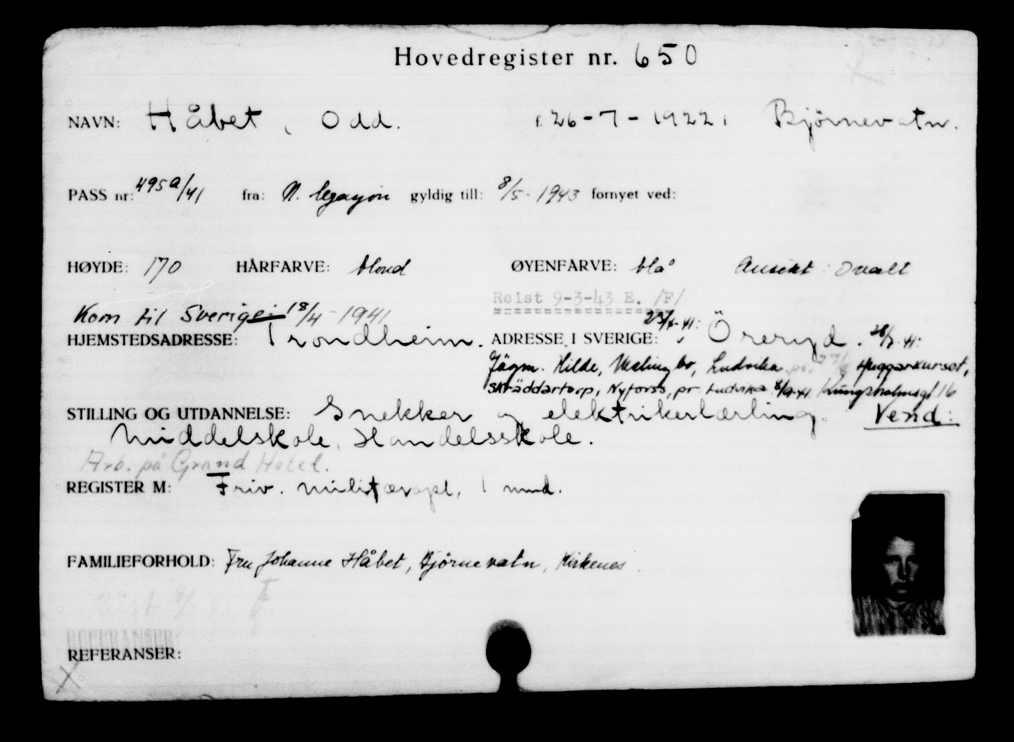 Utenriksstasjonene, Legasjonen i Stockholm, Flyktningkontoret, AV/RA-S-6753/V/Va/L0001: Kjesäterkartoteket, flyktninger med registreringsnr. 1-1000, 1940-1945, p. 1013