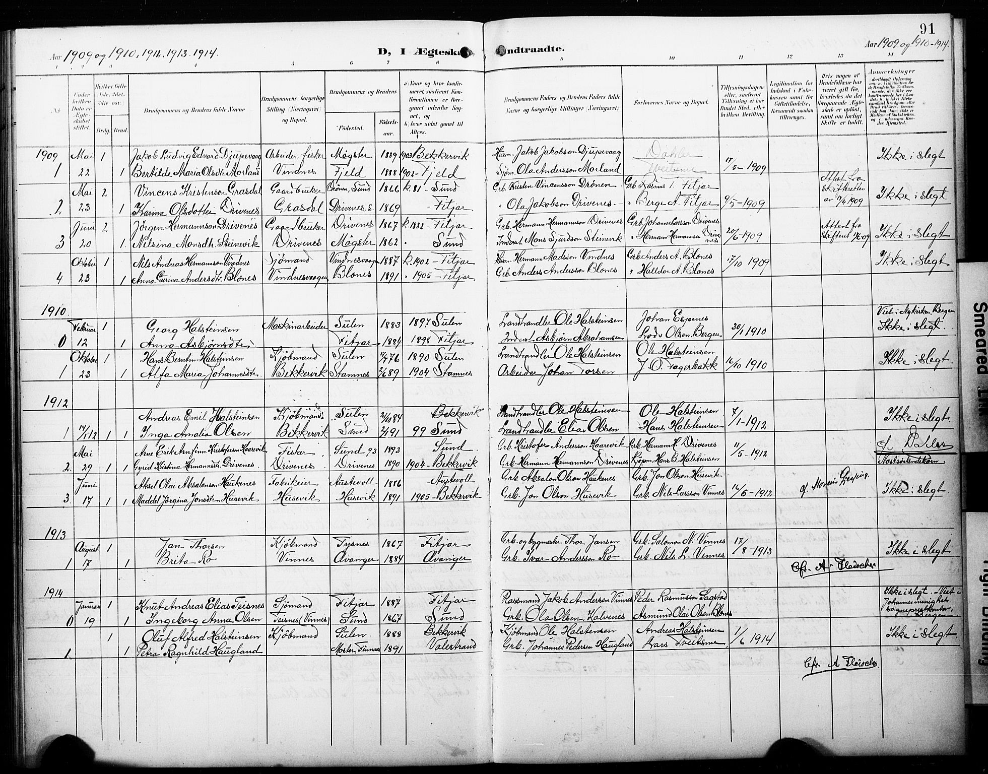 Fitjar sokneprestembete, SAB/A-99926: Parish register (copy) no. C 1, 1900-1928, p. 91