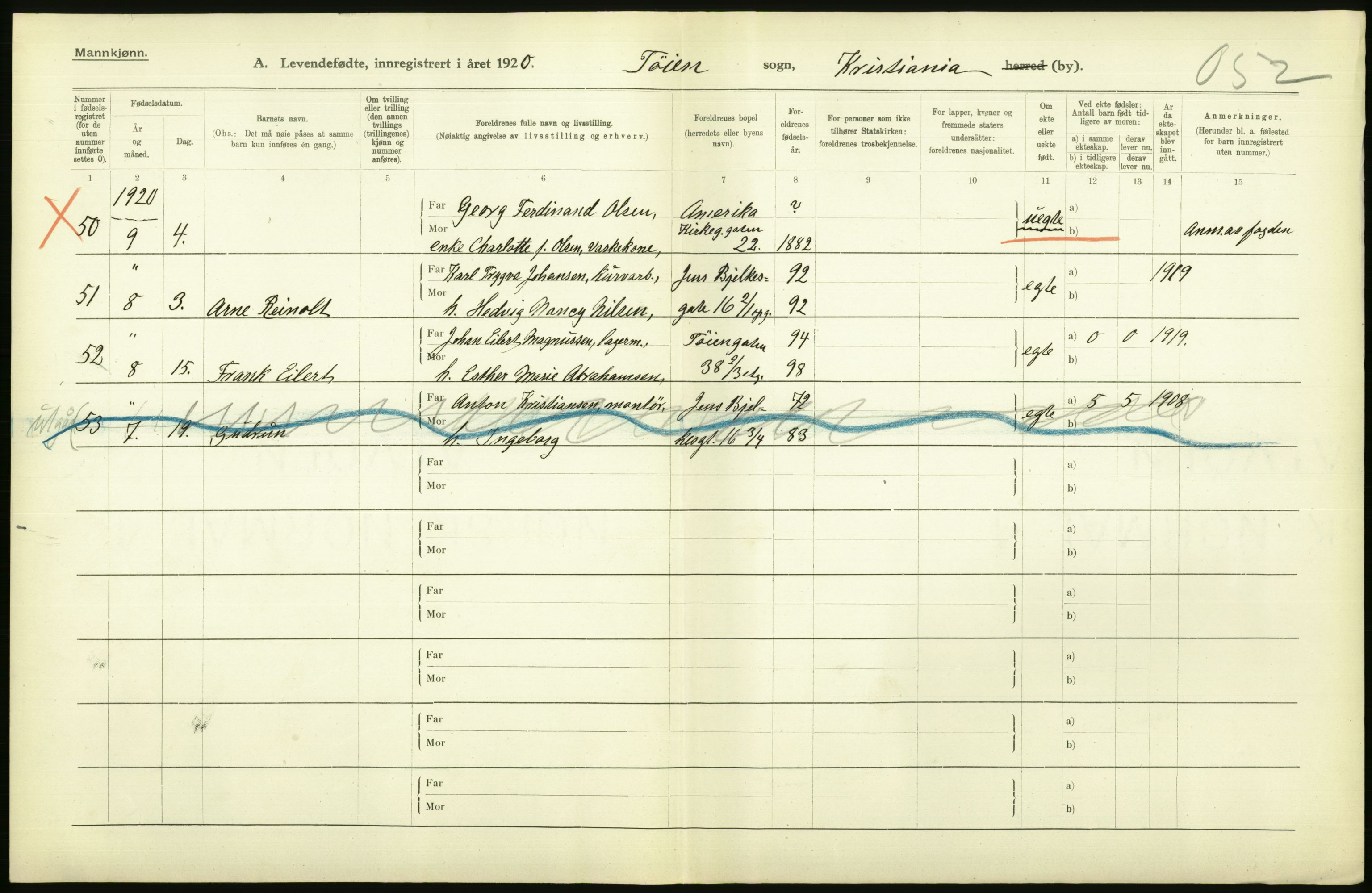 Statistisk sentralbyrå, Sosiodemografiske emner, Befolkning, AV/RA-S-2228/D/Df/Dfb/Dfbj/L0009: Kristiania: Levendefødte menn og kvinner., 1920, p. 18