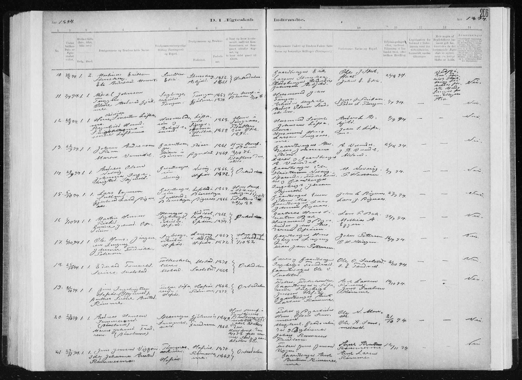 Ministerialprotokoller, klokkerbøker og fødselsregistre - Sør-Trøndelag, SAT/A-1456/668/L0818: Parish register (copy) no. 668C07, 1885-1898, p. 266