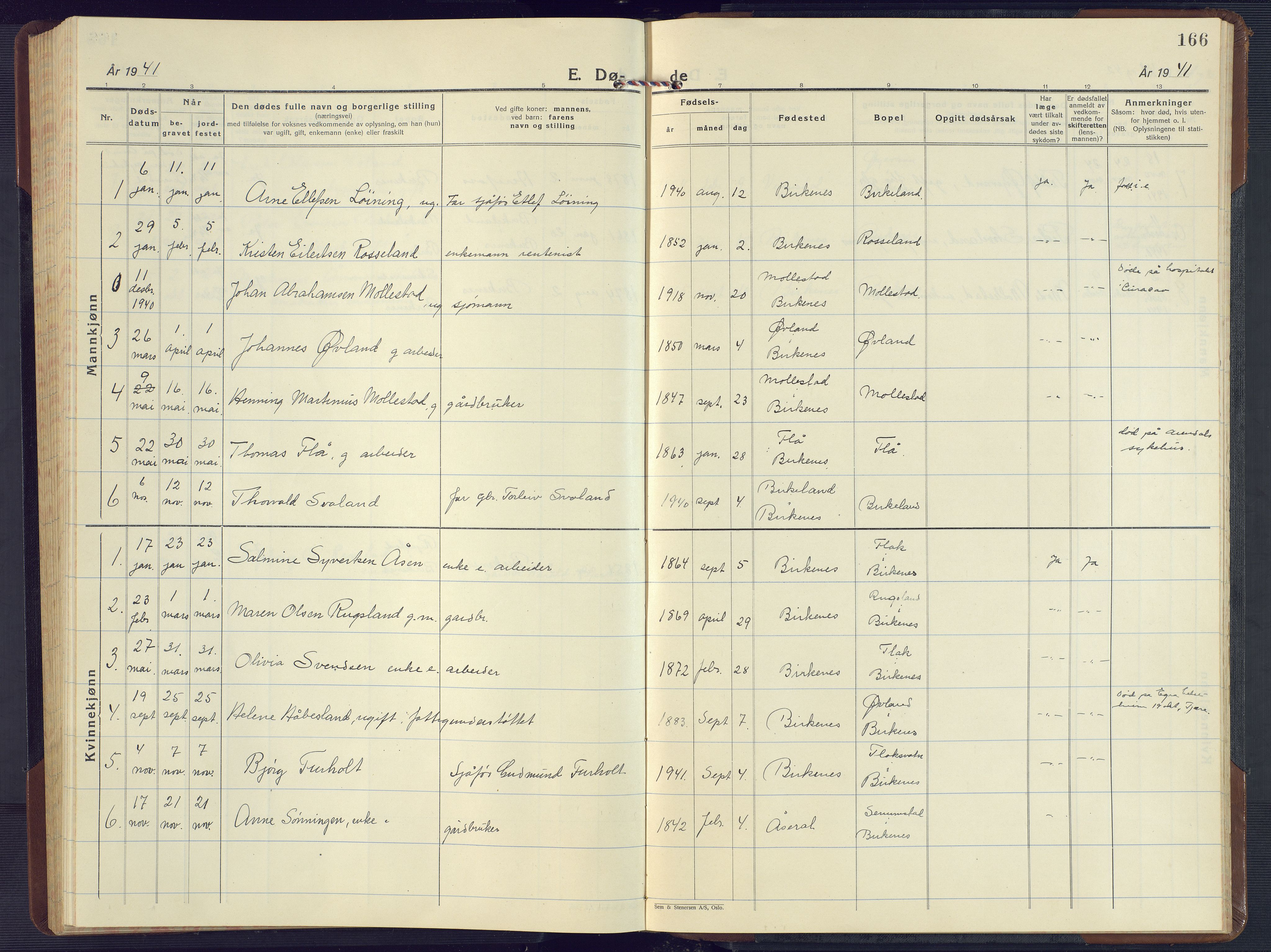 Birkenes sokneprestkontor, SAK/1111-0004/F/Fb/L0005: Parish register (copy) no. B 5, 1930-1957, p. 166