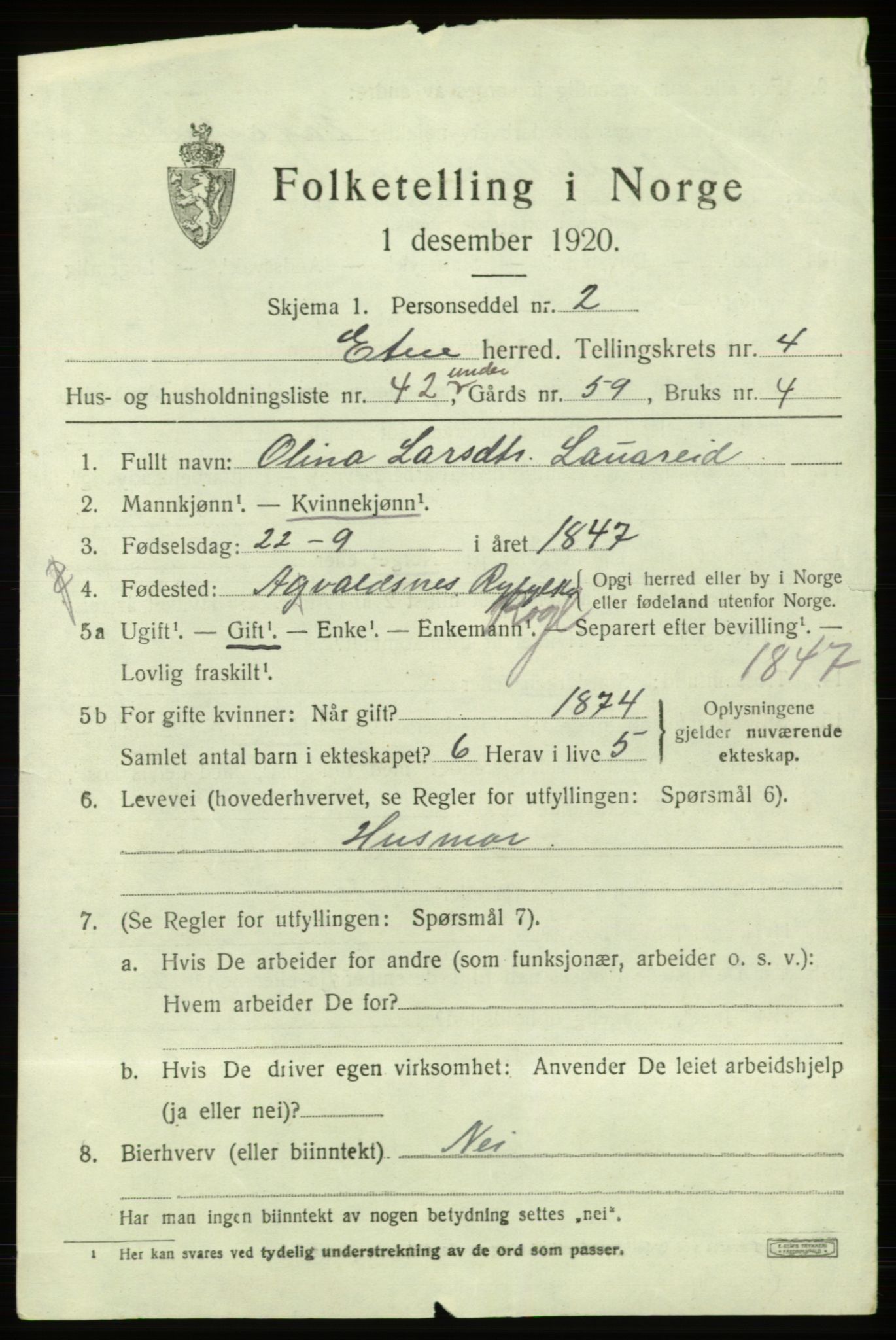 SAB, 1920 census for Etne, 1920, p. 2383