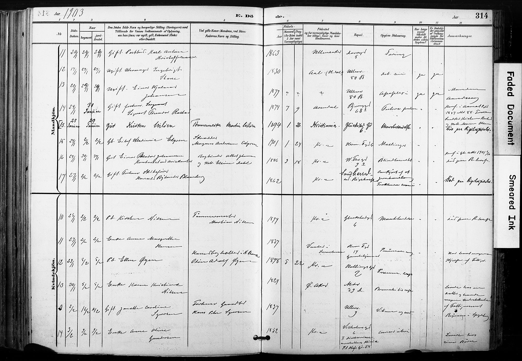 Gamle Aker prestekontor Kirkebøker, SAO/A-10617a/F/L0013: Parish register (official) no. 13, 1901-1908, p. 314