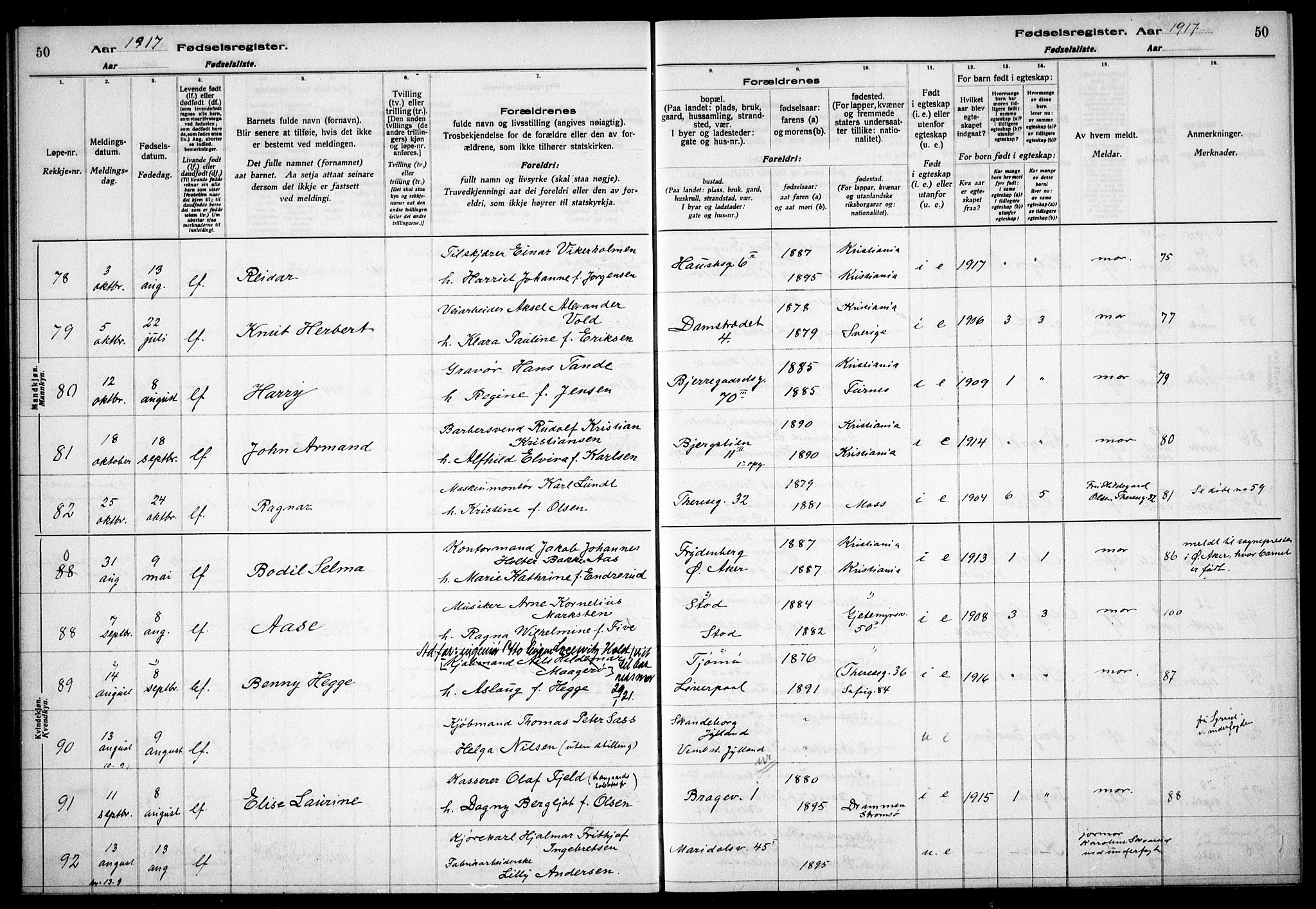 Gamle Aker prestekontor Kirkebøker, AV/SAO-A-10617a/J/L0001: Birth register no. 1, 1916-1927, p. 50