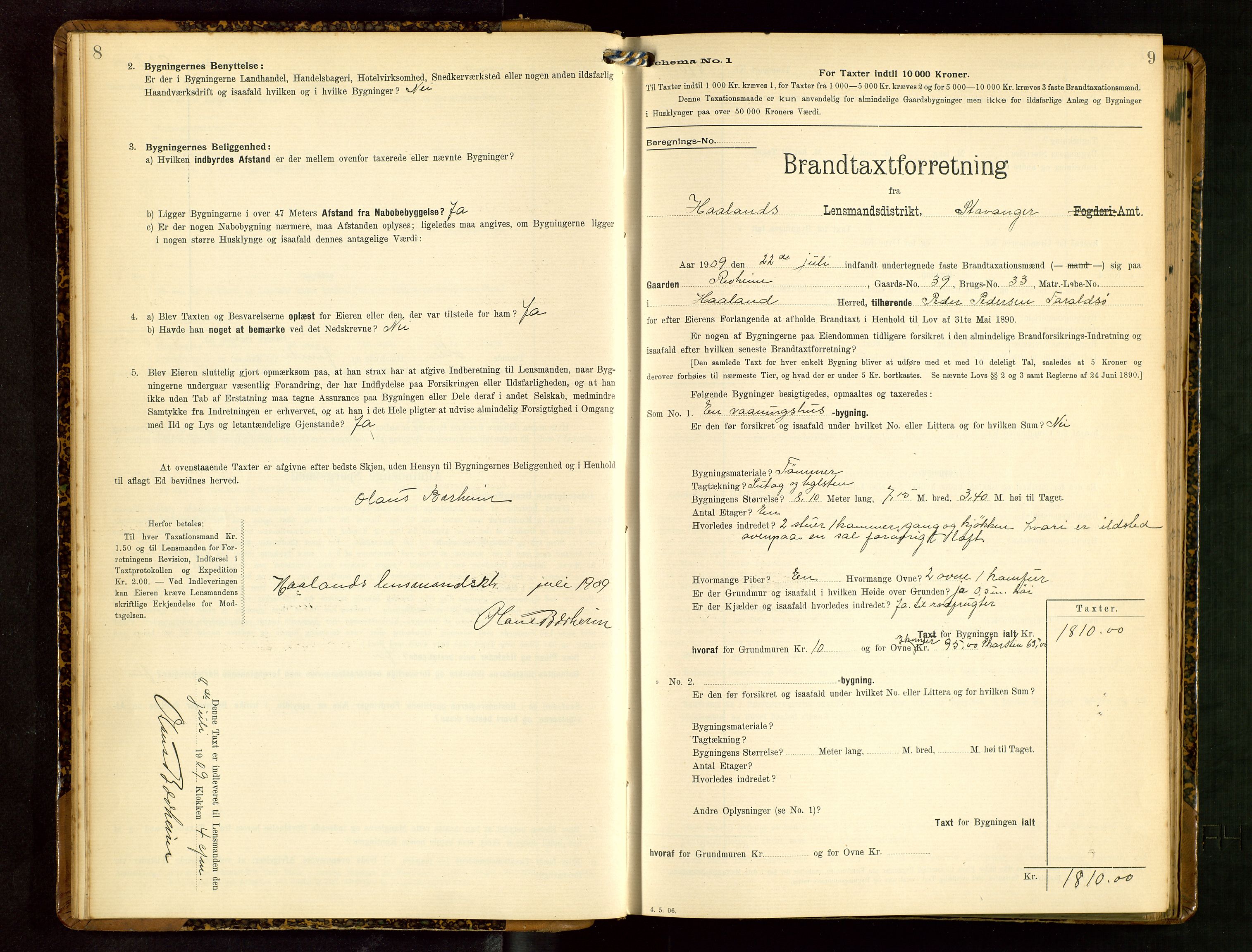 Håland lensmannskontor, SAST/A-100100/Gob/L0003: Branntakstprotokoll - skjematakst. Register i boken., 1909-1910, p. 8-9