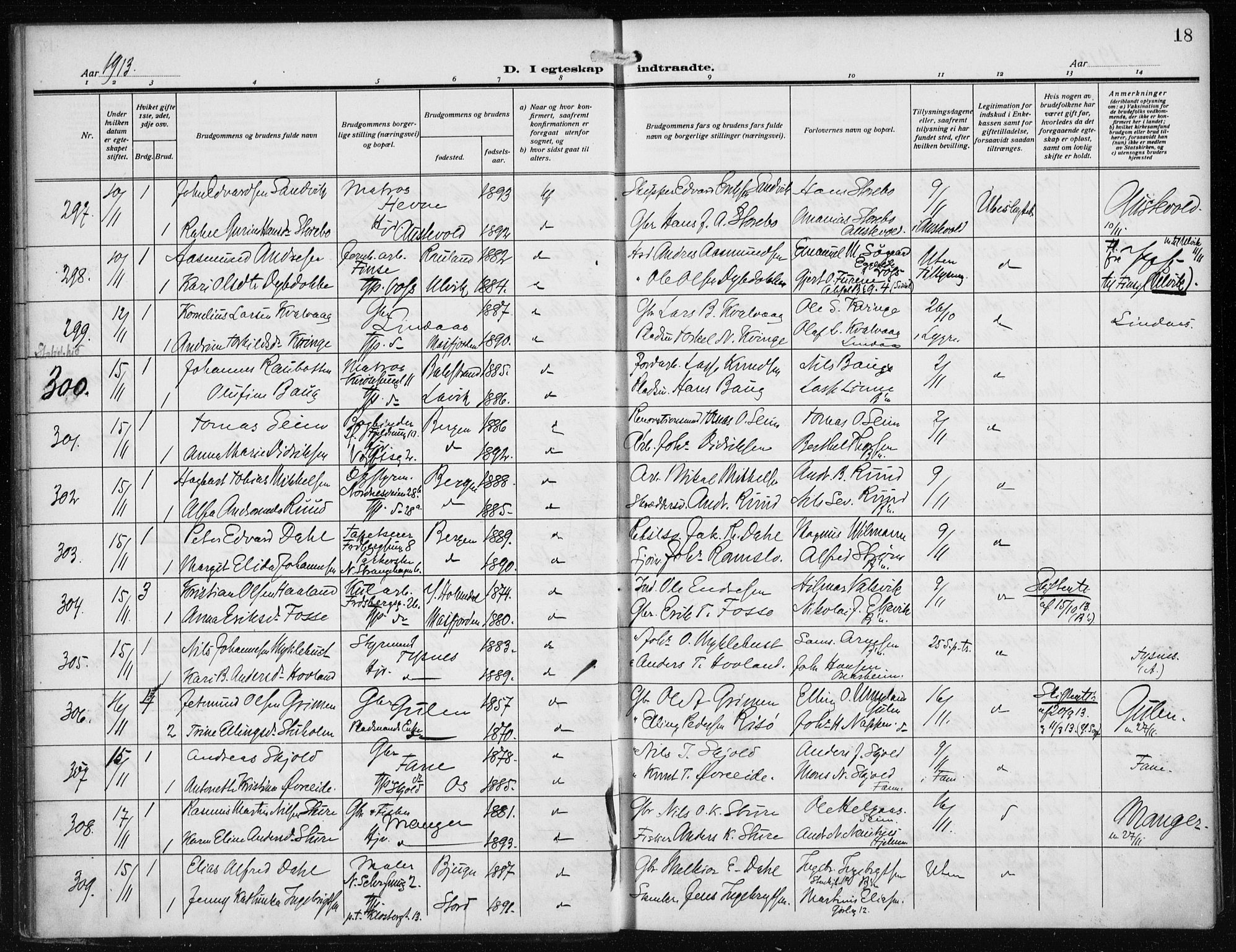 Nykirken Sokneprestembete, AV/SAB-A-77101/H/Haa/L0036: Parish register (official) no. D 6, 1913-1918, p. 18
