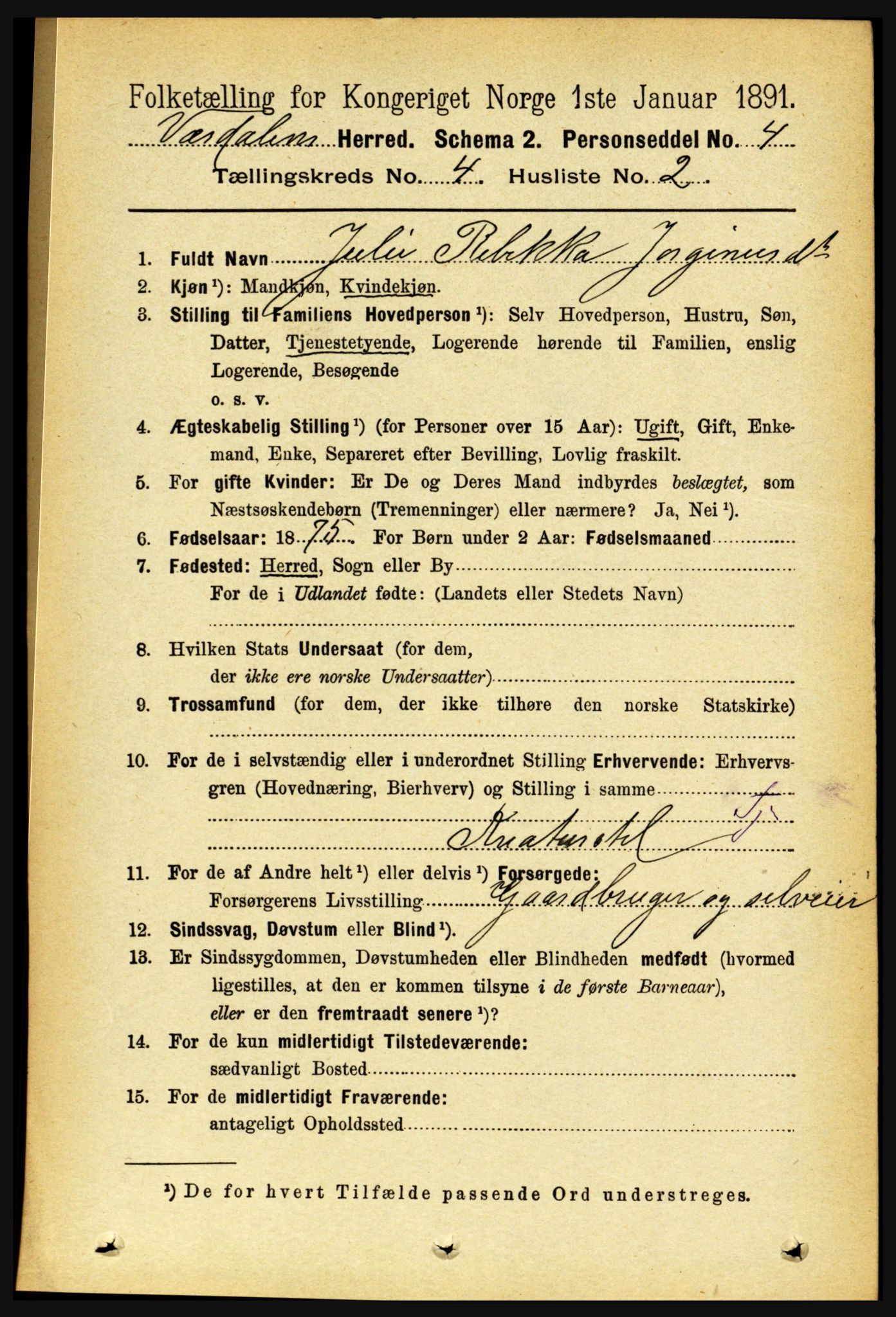 RA, 1891 census for 1721 Verdal, 1891, p. 2488