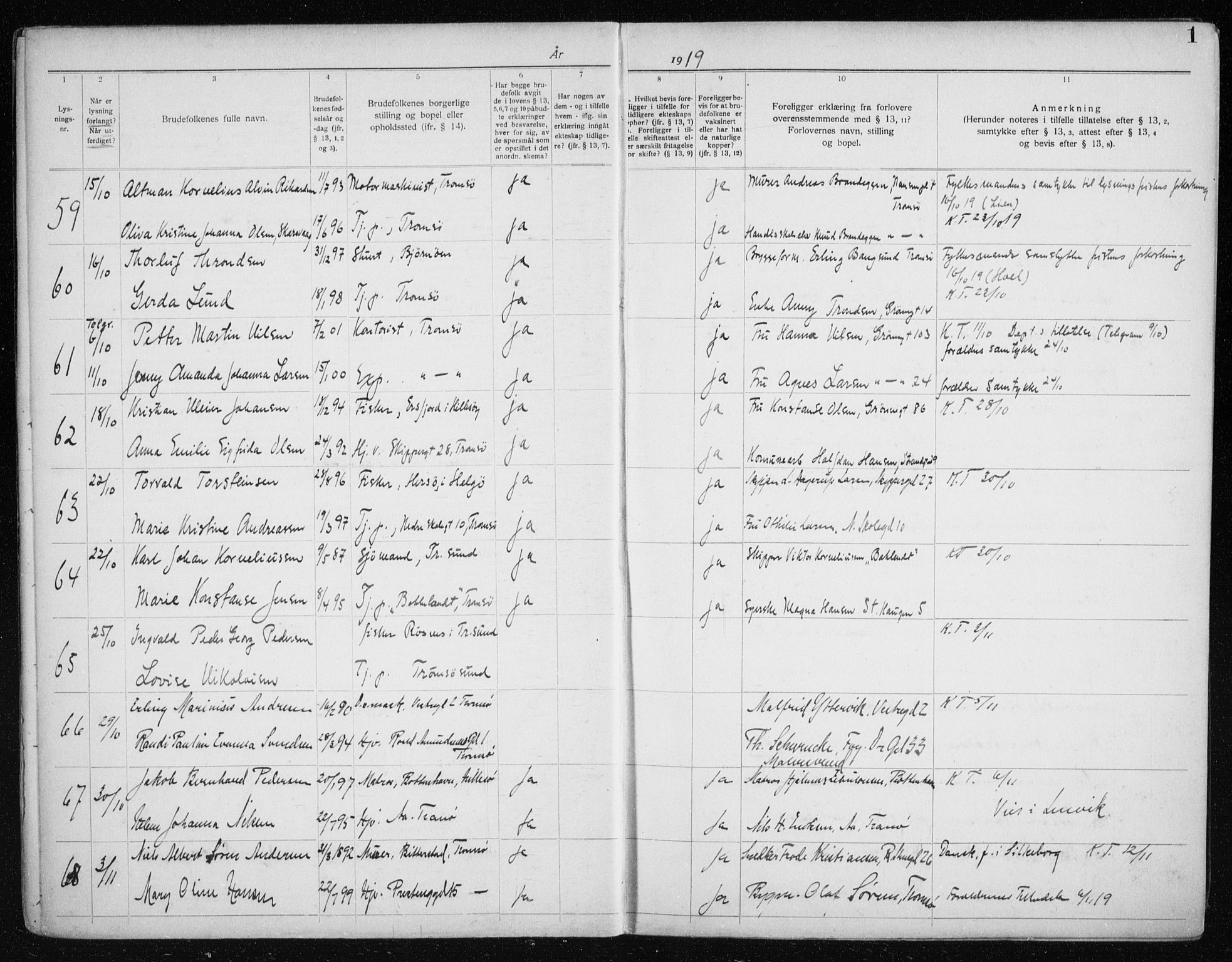 Tromsø sokneprestkontor/stiftsprosti/domprosti, AV/SATØ-S-1343/H/Hc/L0100: Banns register no. 100, 1919-1933, p. 1