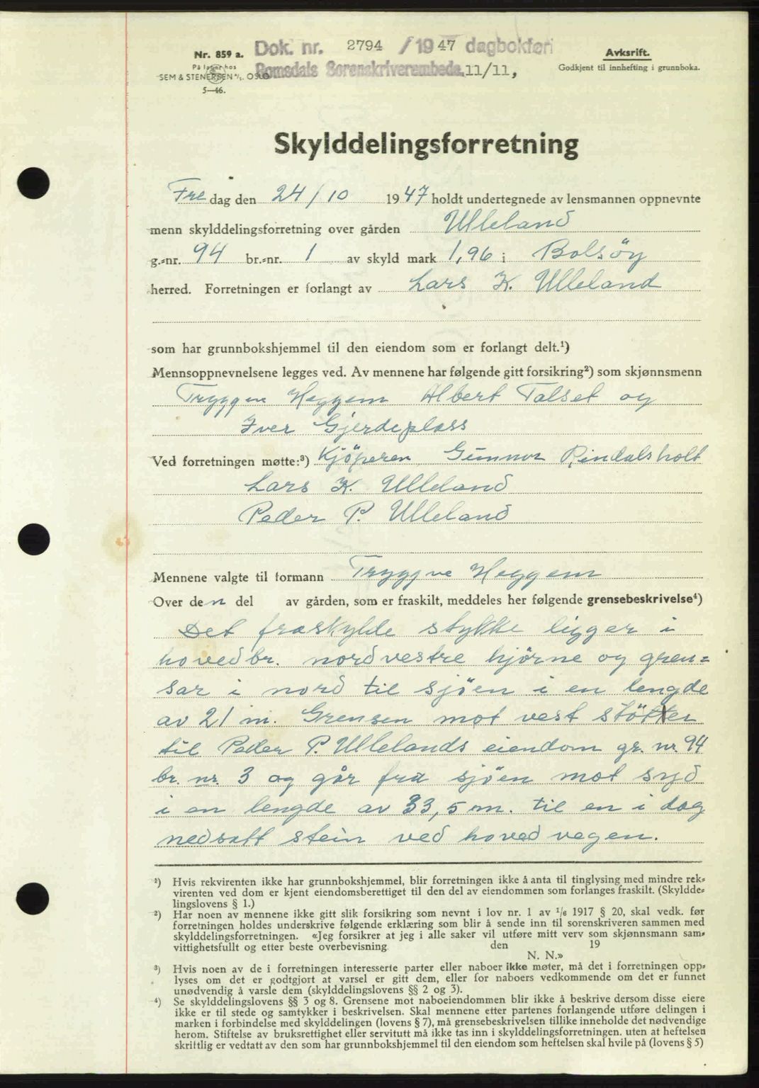 Romsdal sorenskriveri, SAT/A-4149/1/2/2C: Mortgage book no. A24, 1947-1947, Diary no: : 2794/1947