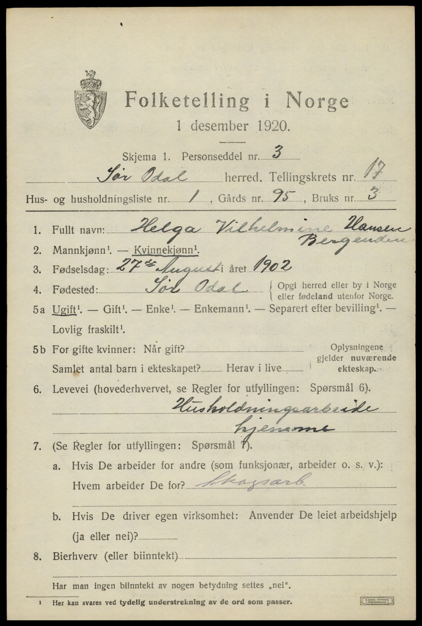 SAH, 1920 census for Sør-Odal, 1920, p. 17007