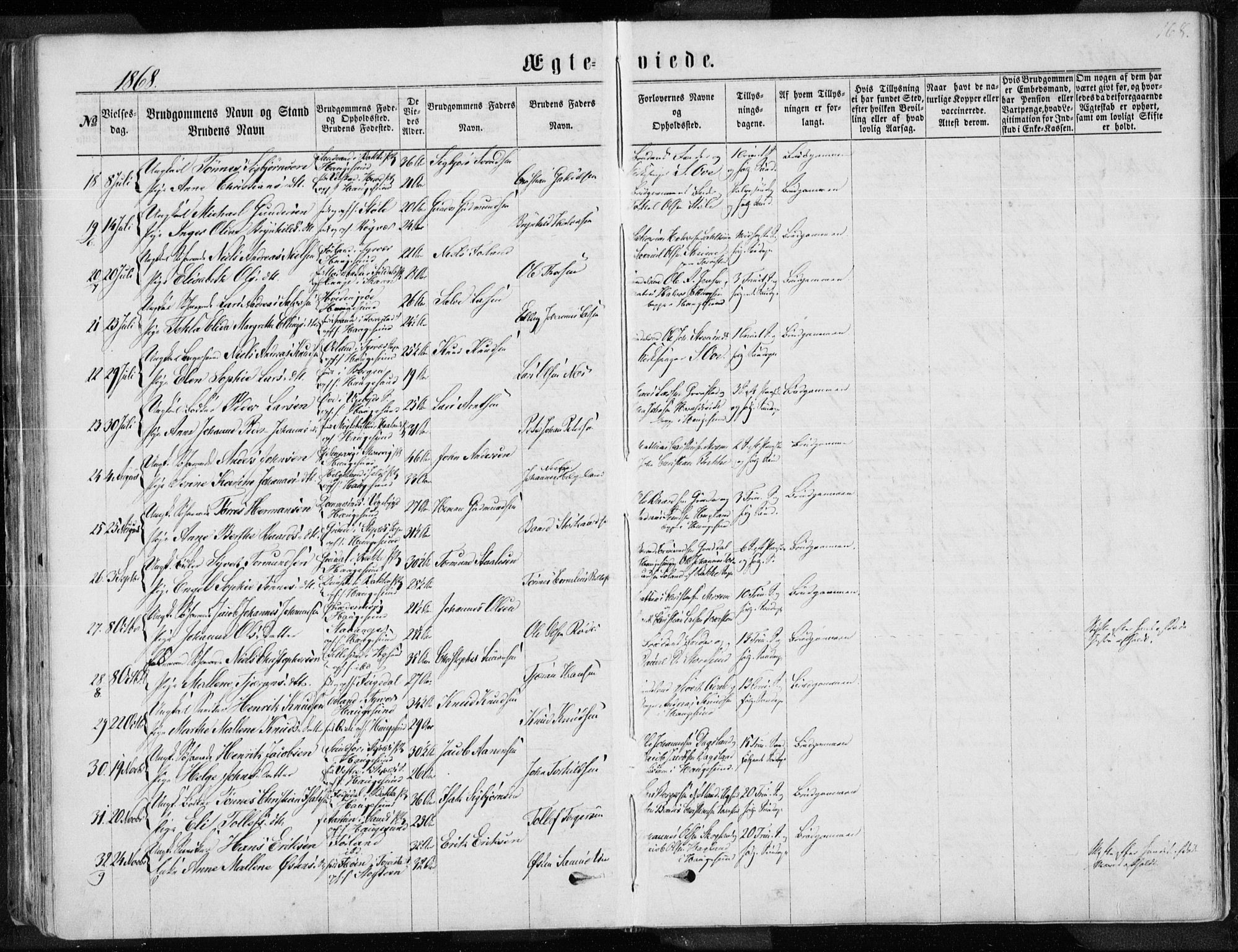 Torvastad sokneprestkontor, AV/SAST-A -101857/H/Ha/Haa/L0012: Parish register (official) no. A 12.1, 1867-1877, p. 168