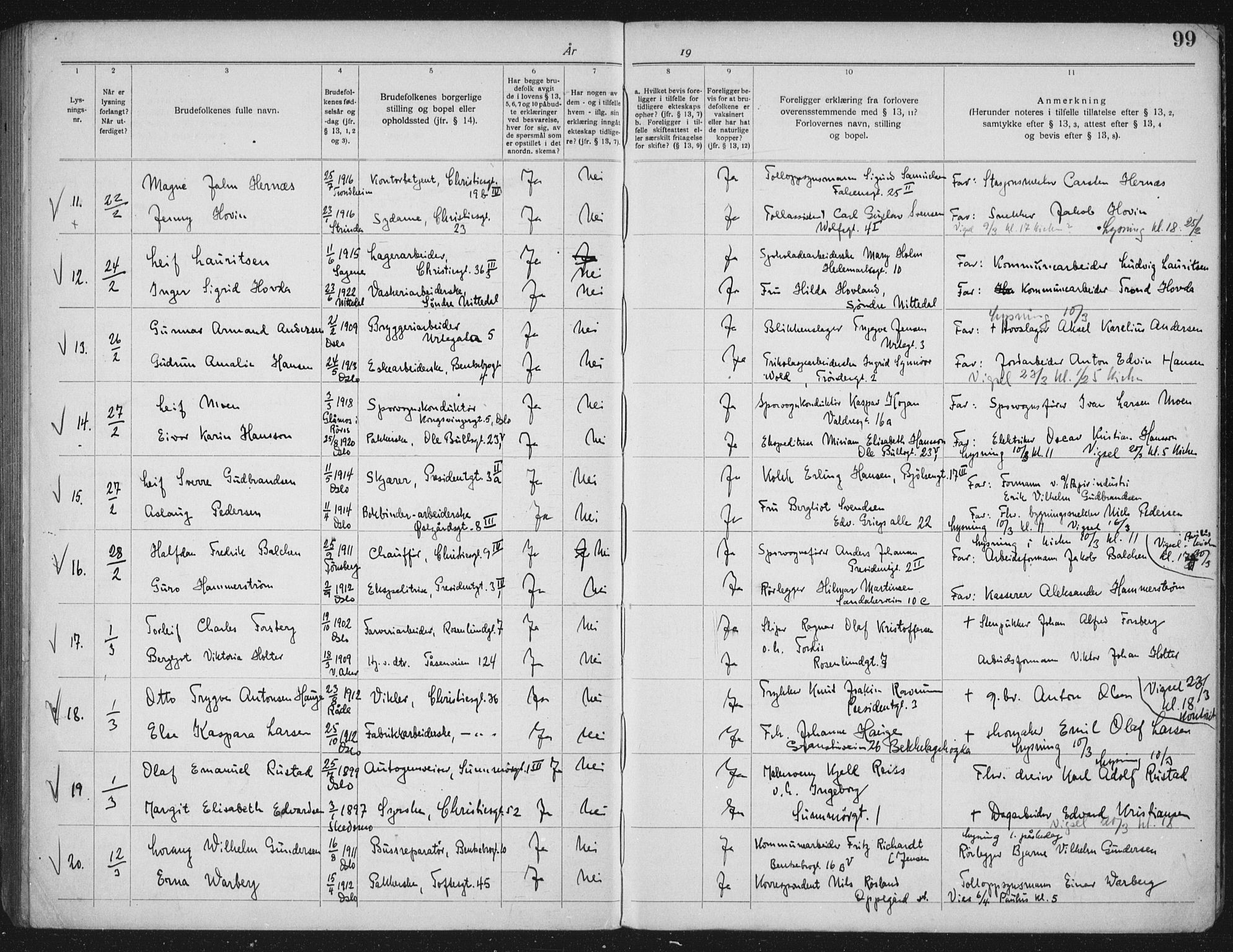 Lilleborg prestekontor Kirkebøker, AV/SAO-A-10343a/H/L0002: Banns register no. 2, 1919-1940, p. 99