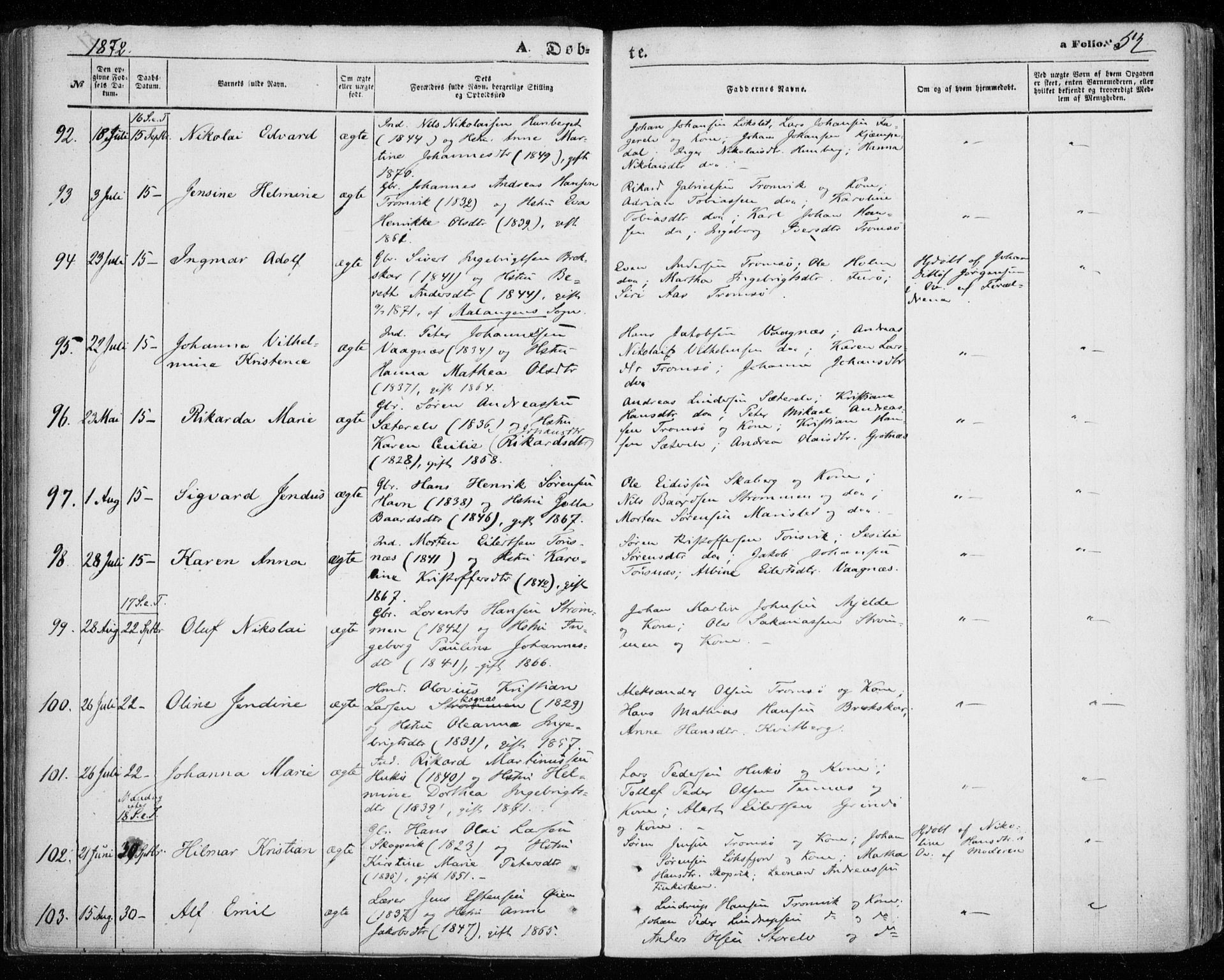 Tromsøysund sokneprestkontor, AV/SATØ-S-1304/G/Ga/L0002kirke: Parish register (official) no. 2, 1867-1875, p. 52