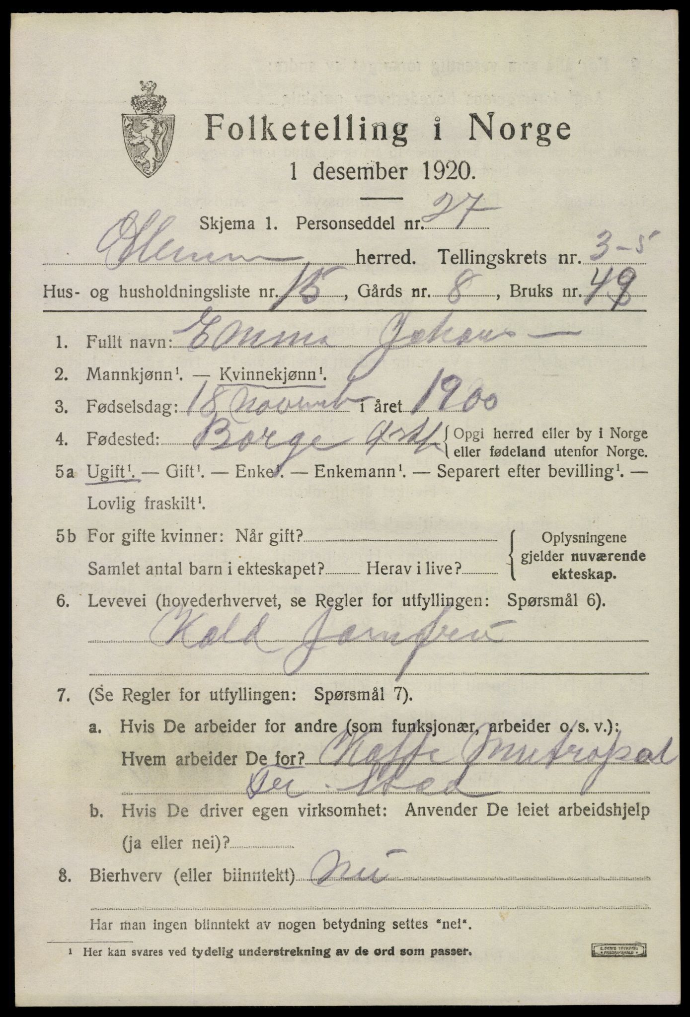 SAO, 1920 census for Glemmen, 1920, p. 8175