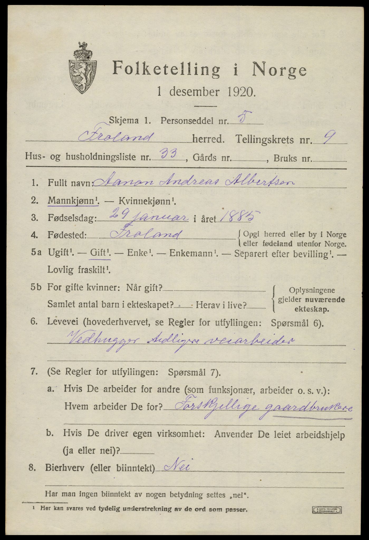 SAK, 1920 census for Froland, 1920, p. 5269