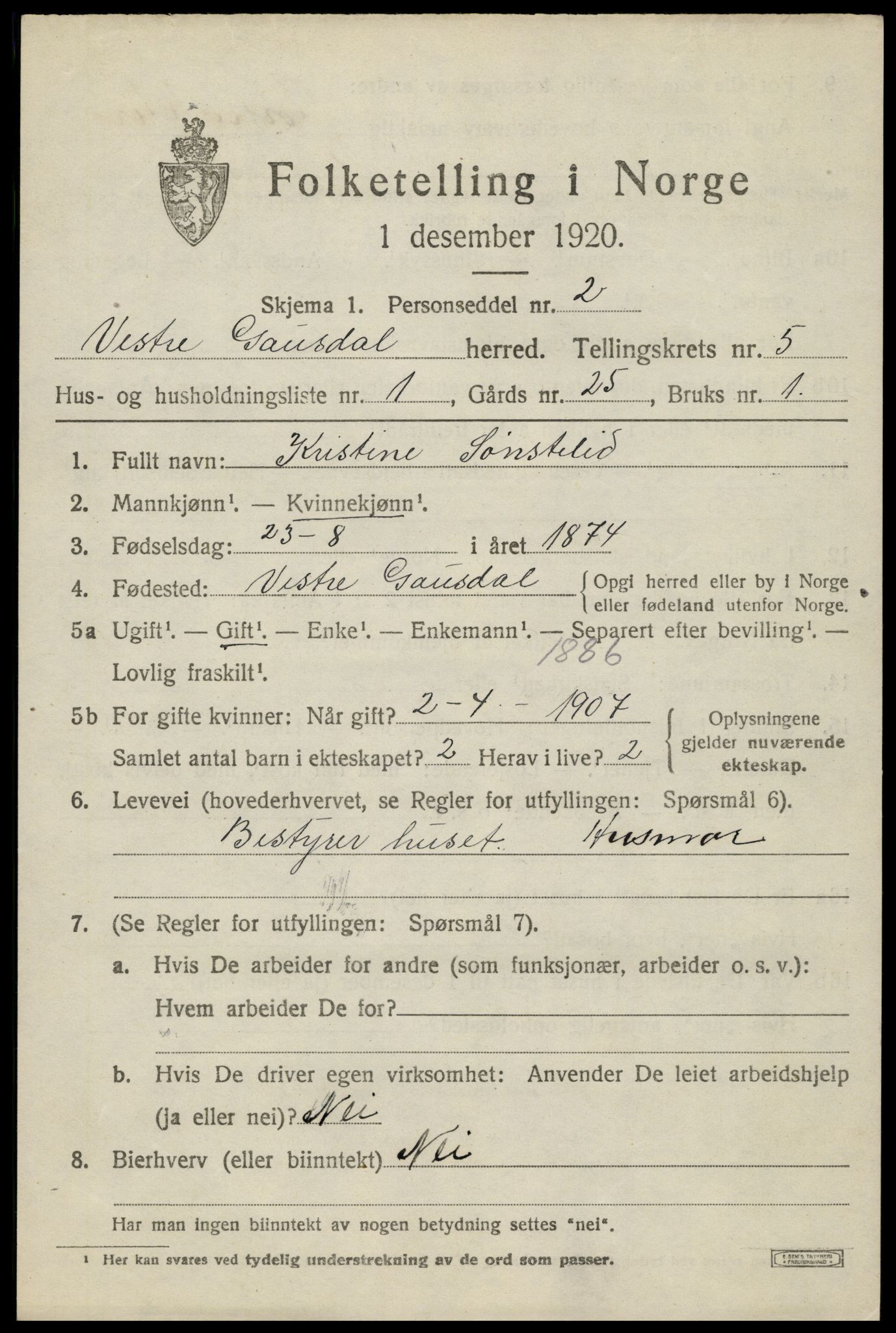 SAH, 1920 census for Vestre Gausdal, 1920, p. 3699