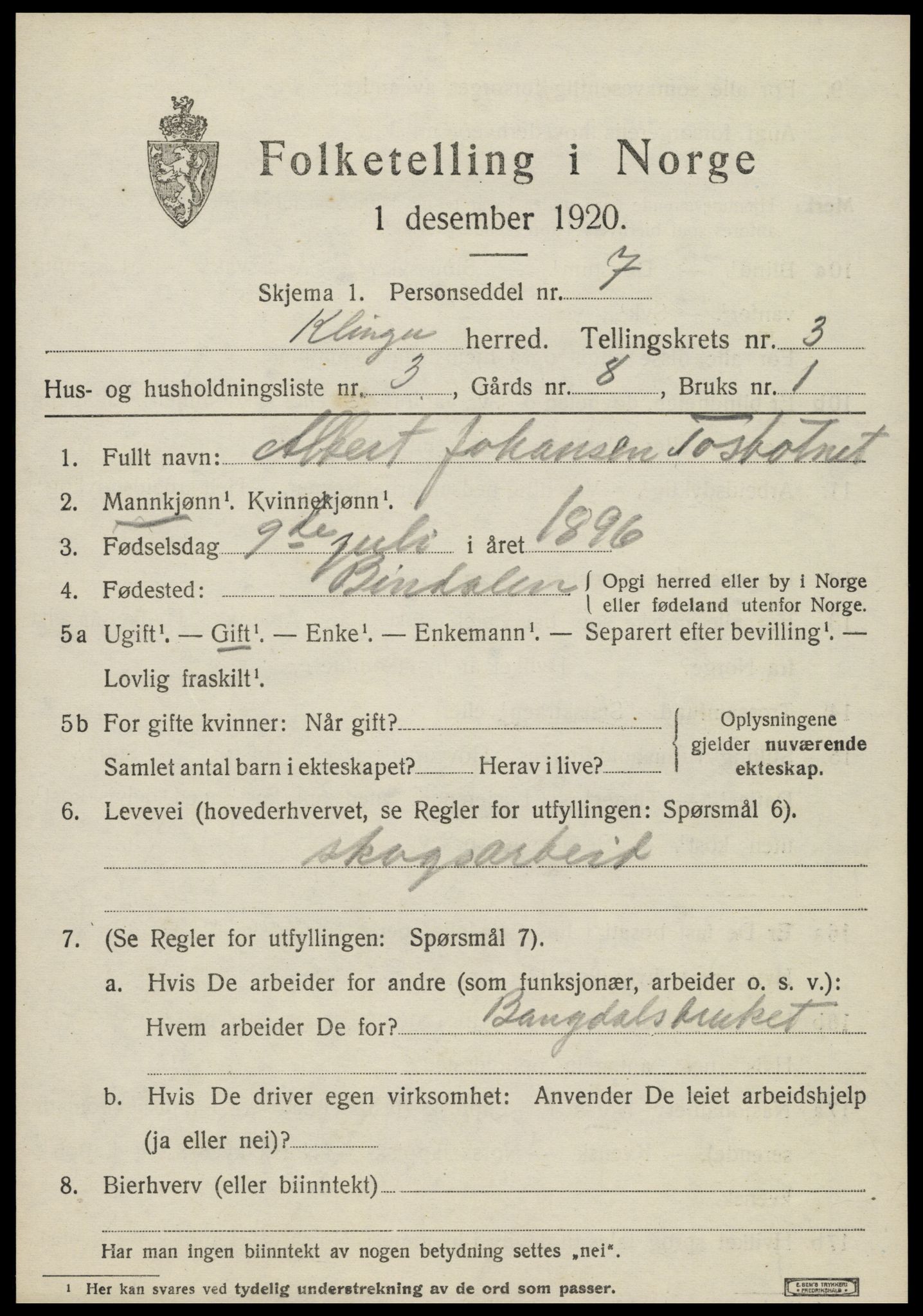 SAT, 1920 census for Klinga, 1920, p. 2097