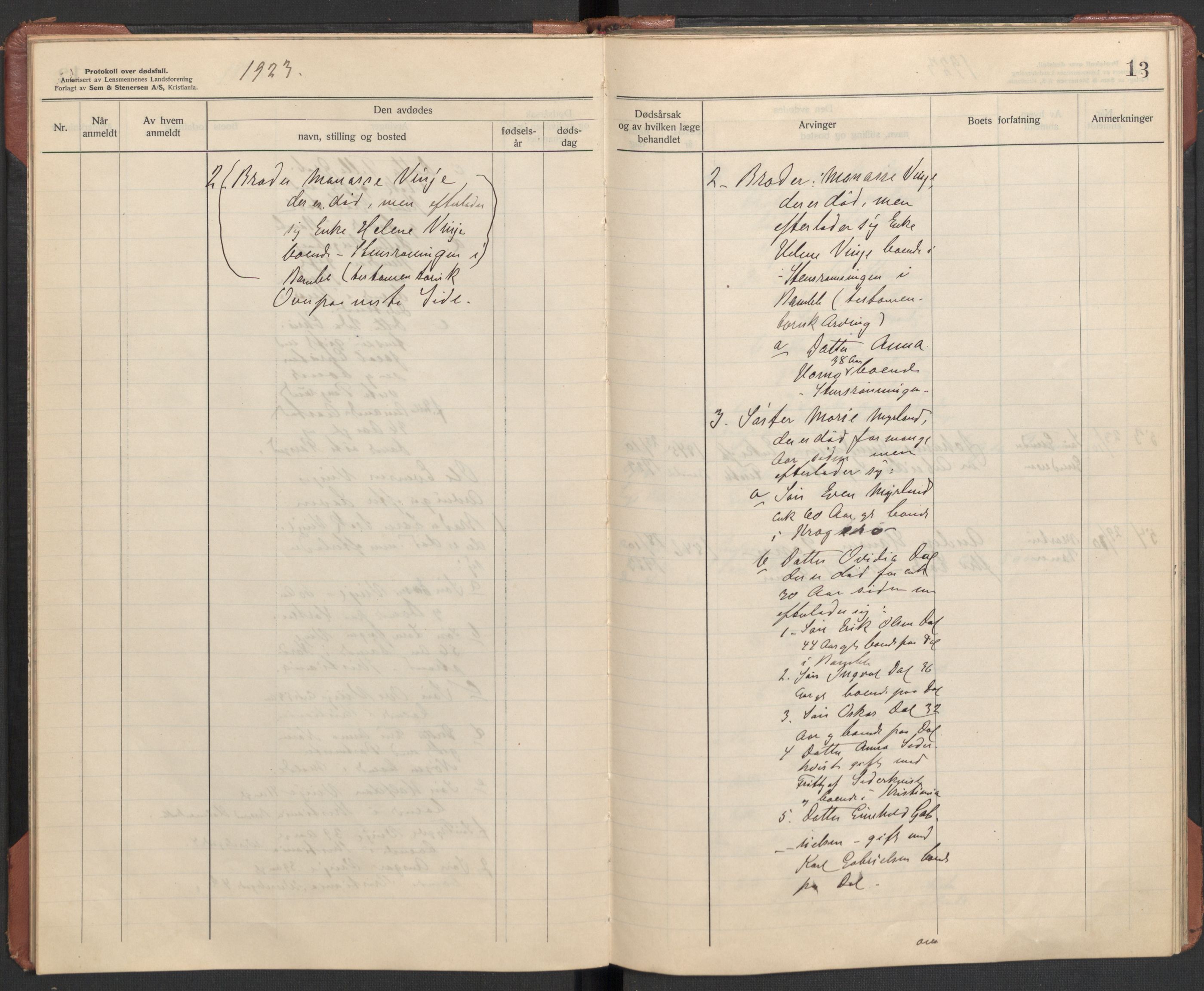 Bamble lensmannskontor, SAKO/A-552/H/Ha/Haa/L0004: Dødsfallsprotokoll, 1923-1926, p. 13