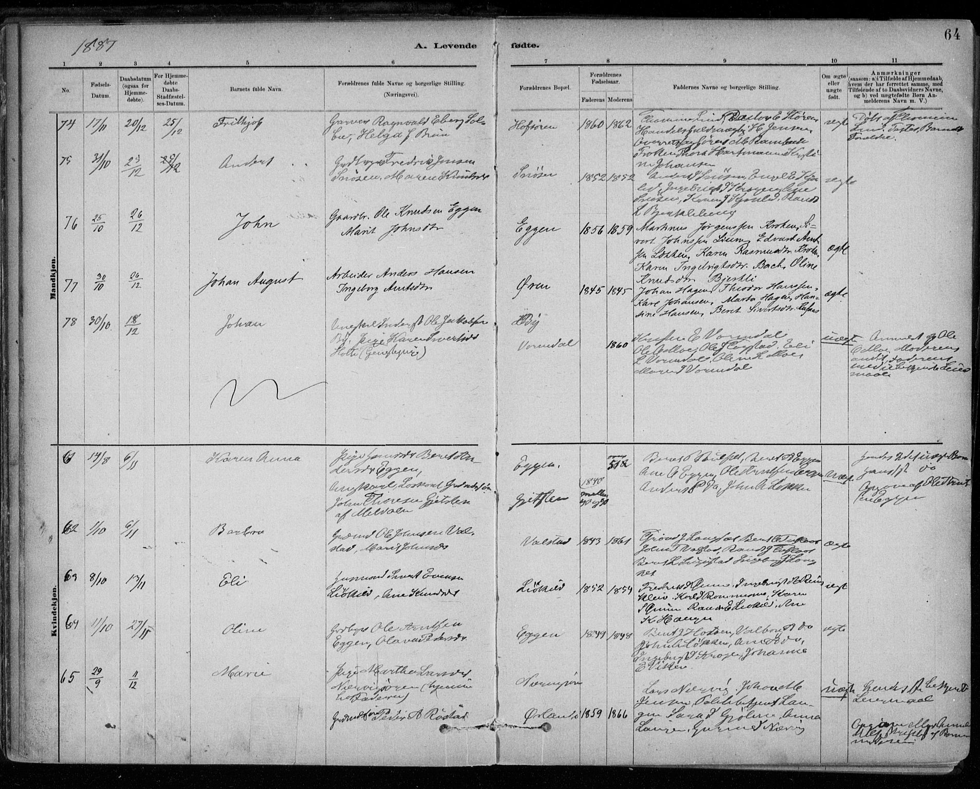 Ministerialprotokoller, klokkerbøker og fødselsregistre - Sør-Trøndelag, SAT/A-1456/668/L0809: Parish register (official) no. 668A09, 1881-1895, p. 64