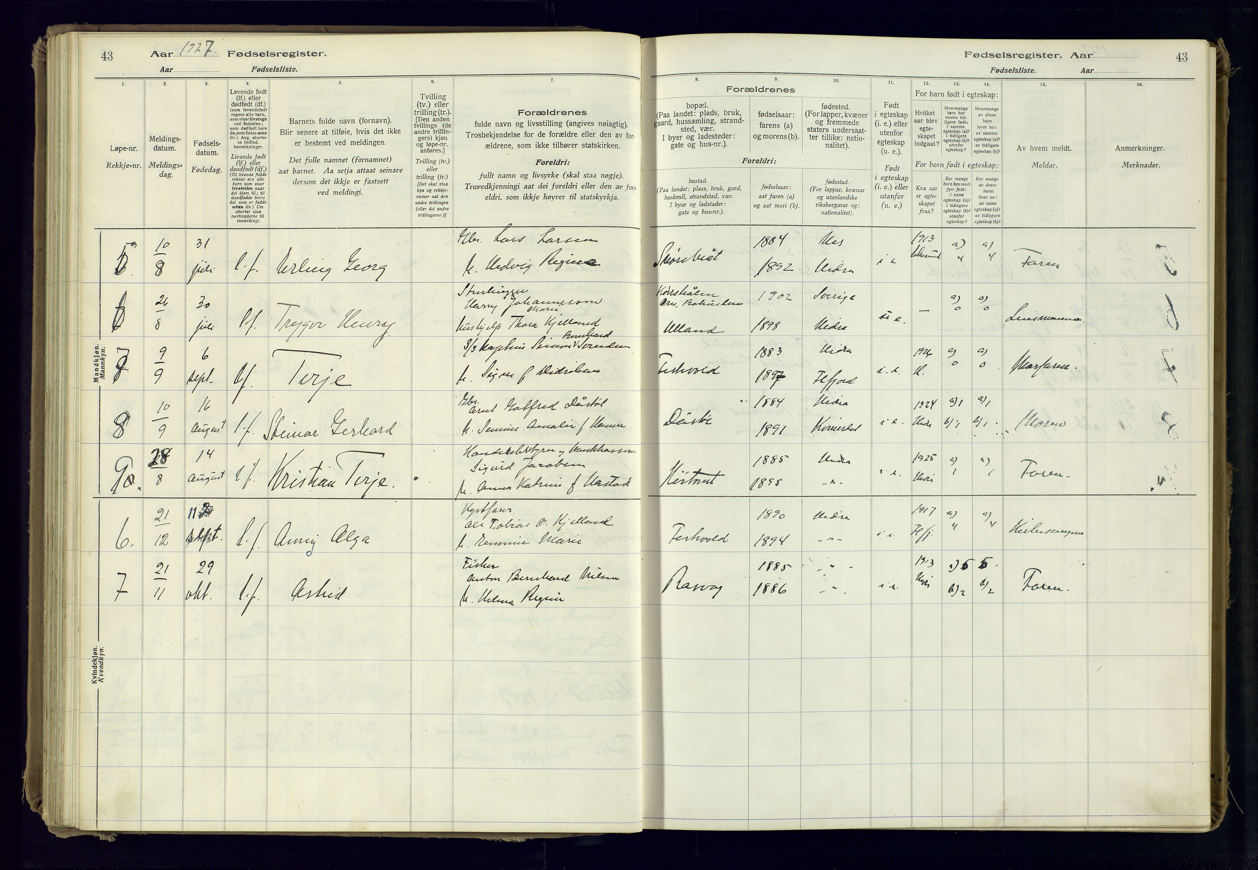 Flekkefjord sokneprestkontor, AV/SAK-1111-0012/J/Ja/L0007: Birth register no. 7, 1916-1982, p. 43