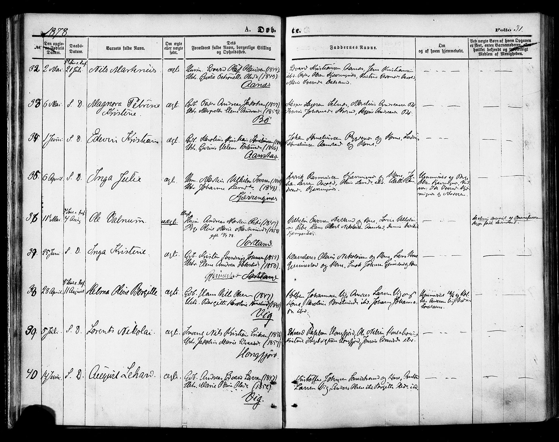 Ministerialprotokoller, klokkerbøker og fødselsregistre - Nordland, SAT/A-1459/895/L1370: Parish register (official) no. 895A05, 1873-1884, p. 31