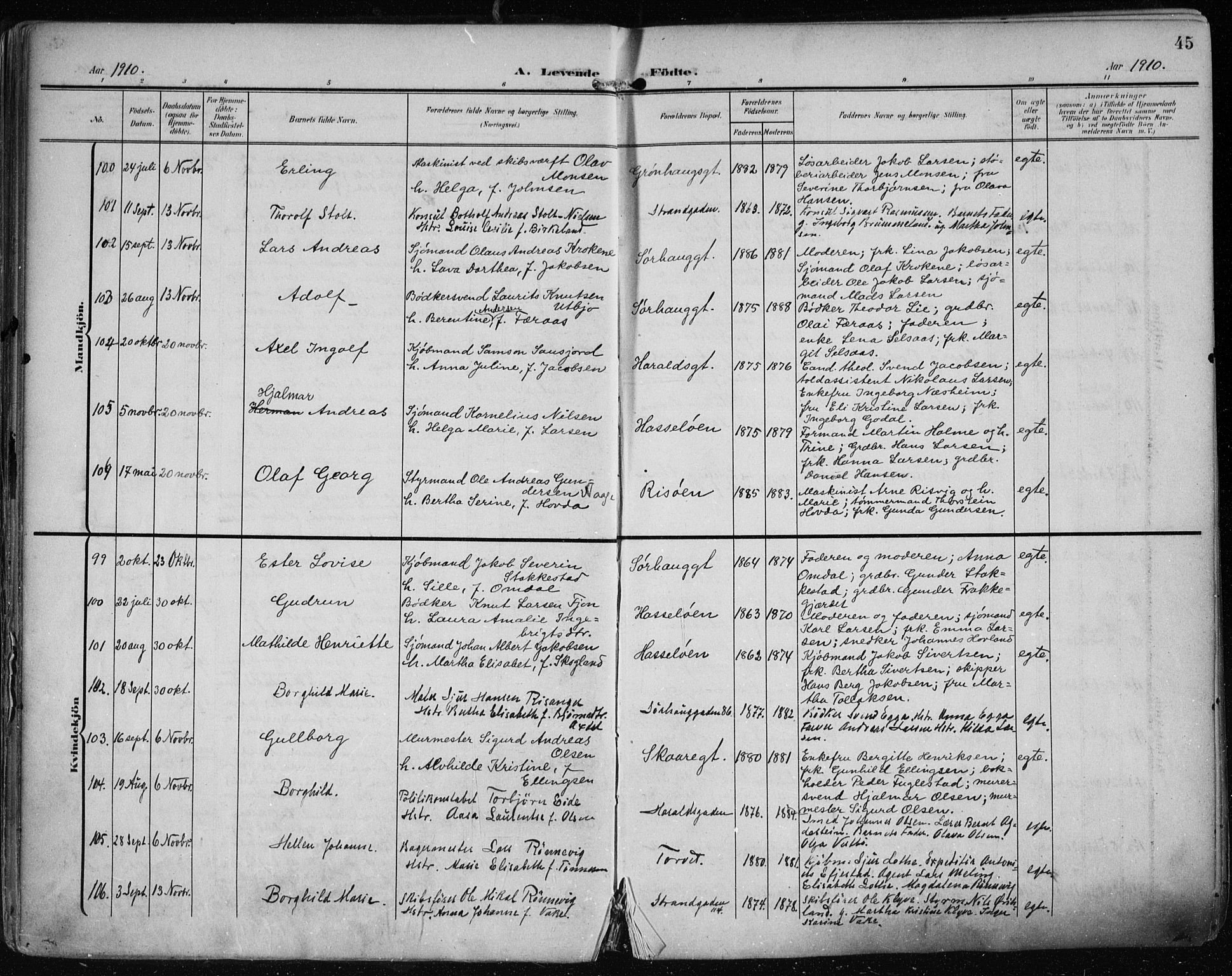 Haugesund sokneprestkontor, AV/SAST-A -101863/H/Ha/Haa/L0008: Parish register (official) no. A 8, 1908-1921, p. 45