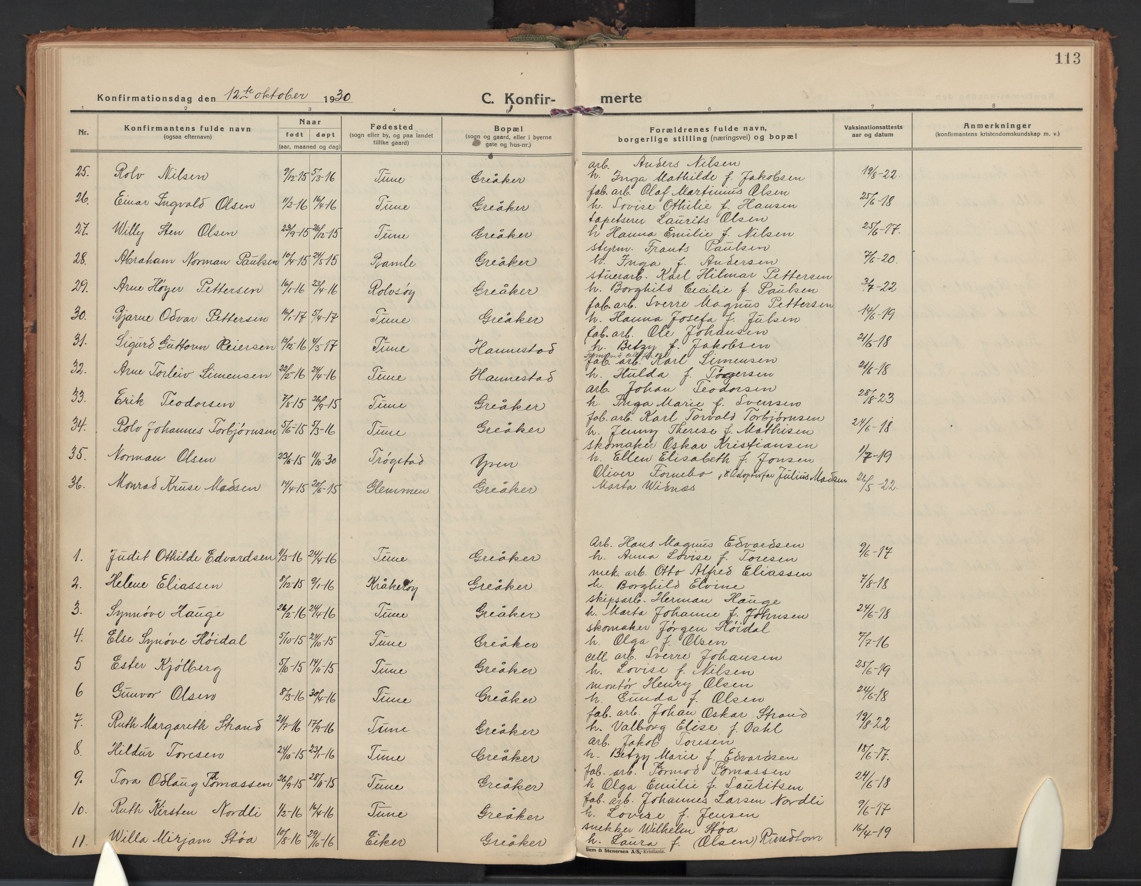 Tune prestekontor Kirkebøker, AV/SAO-A-2007/F/Fb/L0002: Curate's parish register no. 2, 1923-1940, p. 113
