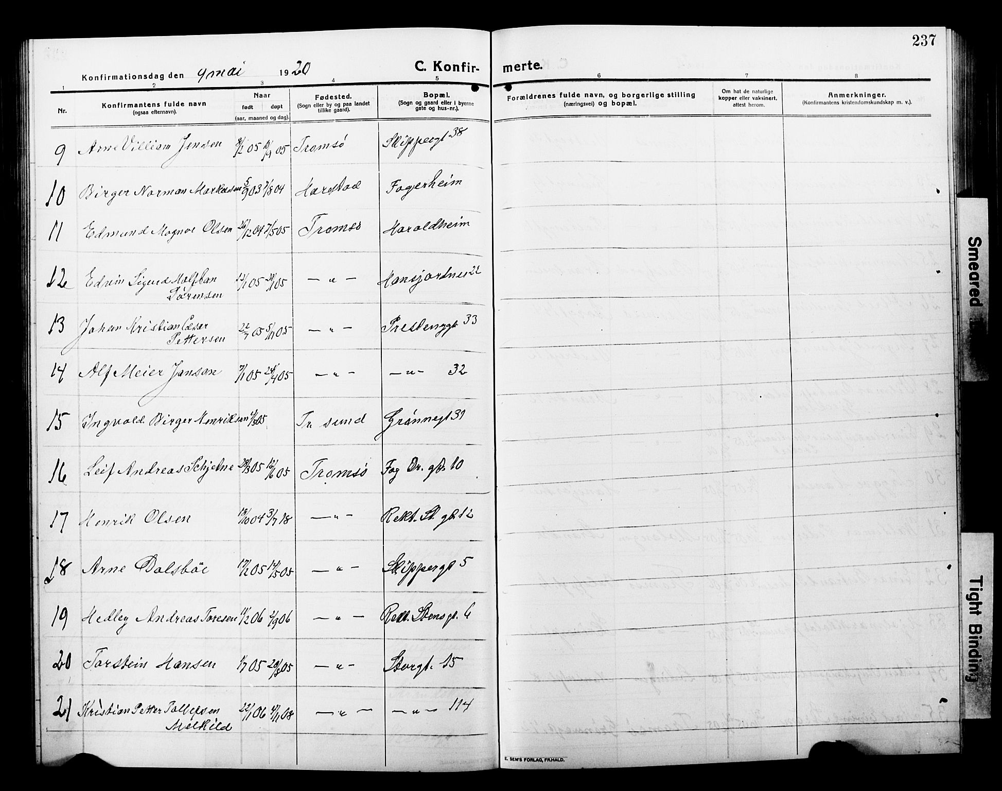 Tromsø sokneprestkontor/stiftsprosti/domprosti, AV/SATØ-S-1343/G/Gb/L0009klokker: Parish register (copy) no. 9, 1915-1925, p. 237