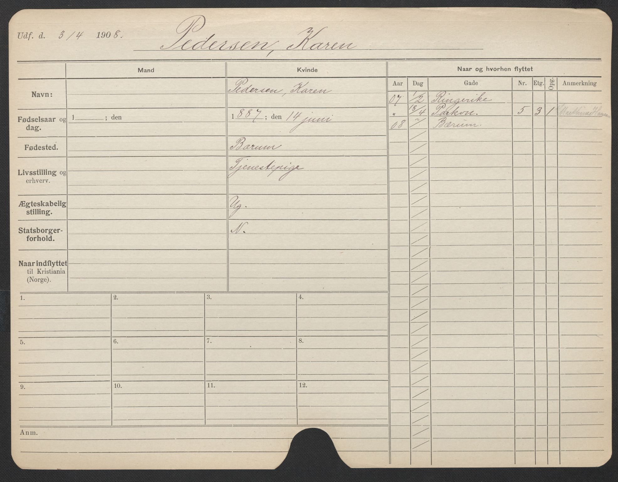 Oslo folkeregister, Registerkort, AV/SAO-A-11715/F/Fa/Fac/L0022: Kvinner, 1906-1914, p. 755a