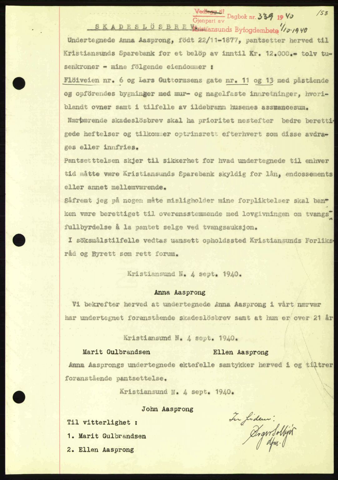 Kristiansund byfogd, AV/SAT-A-4587/A/27: Mortgage book no. 33, 1939-1941, Diary no: : 339/1940