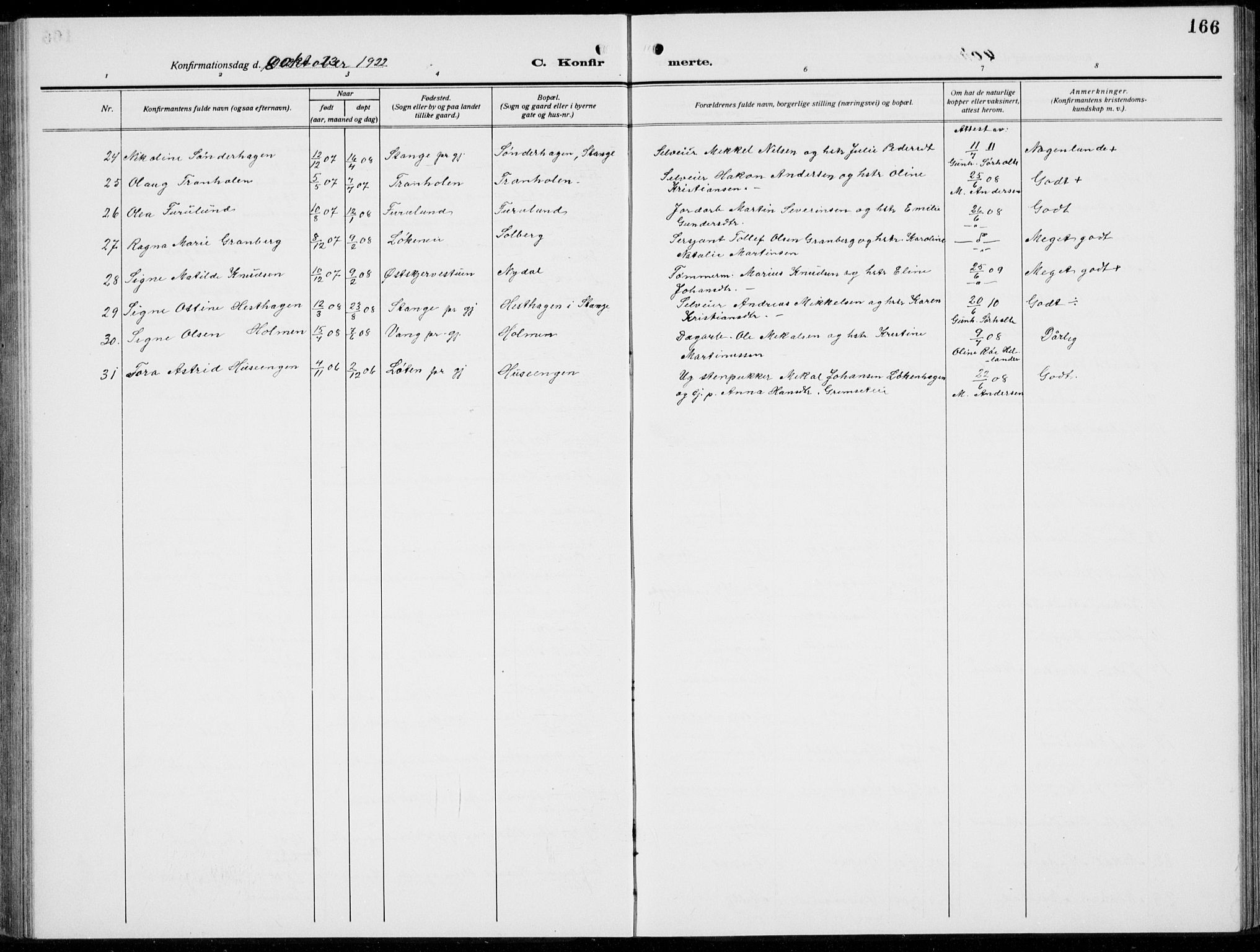 Romedal prestekontor, SAH/PREST-004/L/L0014: Parish register (copy) no. 14, 1915-1939, p. 166