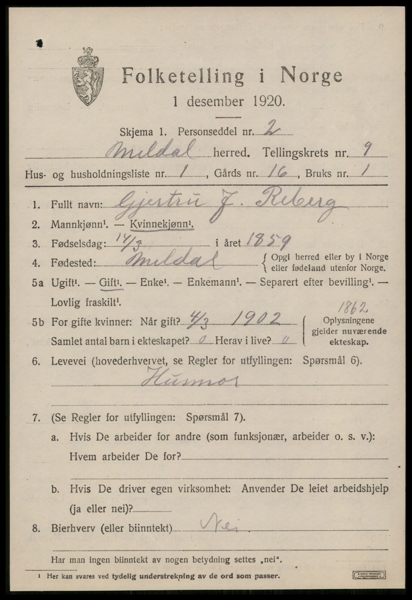 SAT, 1920 census for Meldal, 1920, p. 7501